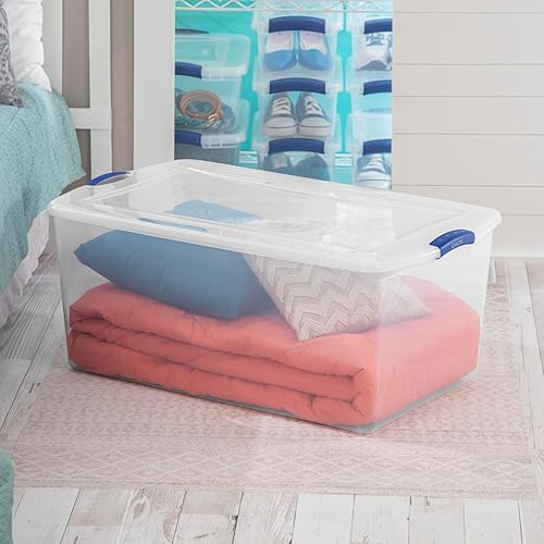 Miniatura 6 de Contenedor de plástico de 105 cuartos de galón con tapa duradera, contenedor transparente apilable y ajustable con hebillas azules, ideal para