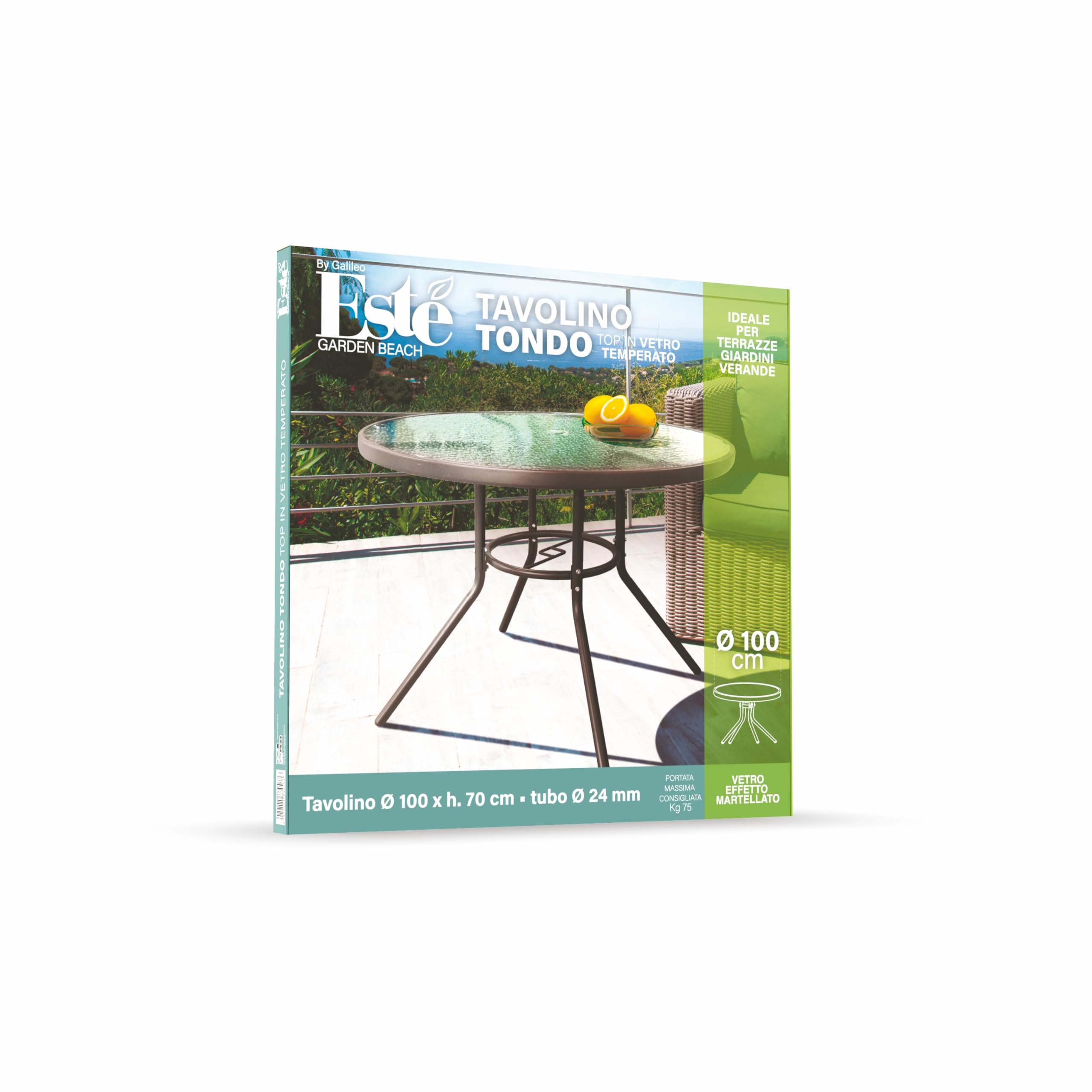 Tavolo Tondo da Esterno 100 cm in Acciaio al Carbonio, Top in Vetro temperato Effetto martellato, Antracite, Esté