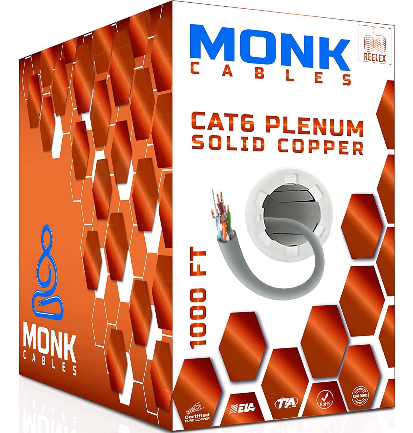 MONK CABLES | CAT6 Plenum Cable 1000ft | 100% Pure Copper | UTP, 23AWG, 550MHz | DSX-8000 Certified | Most Certified Cable of The Whole Market (Grey)