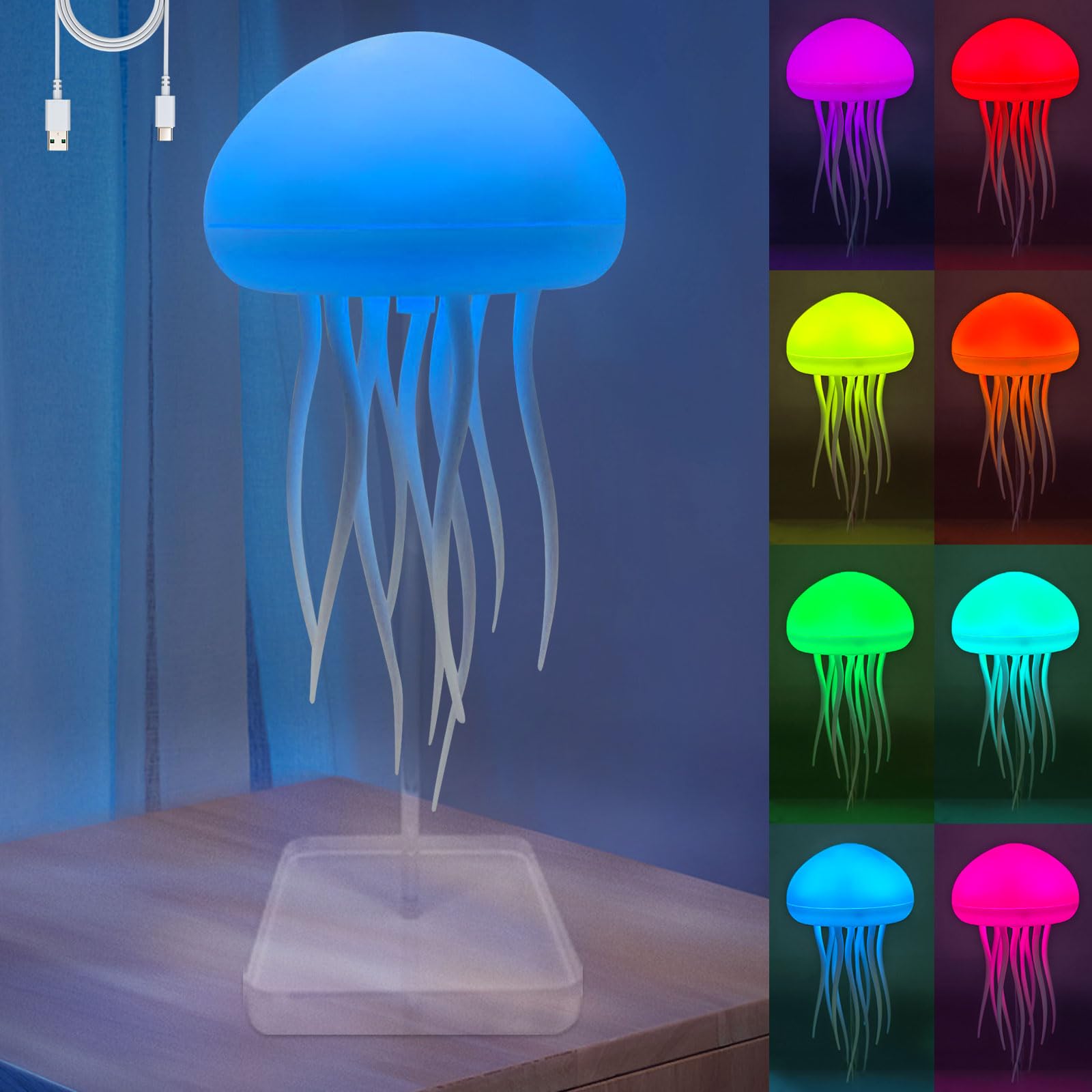 Upgraded Silent Jellyfish Lamp, Jelly Fish Light Lamp with Dancing Legs, Voice Control Jellyfish Night Light, Jellyfish Bedside Lamp for Bedrooms, Living Room and Christmas Gifts (with Base)