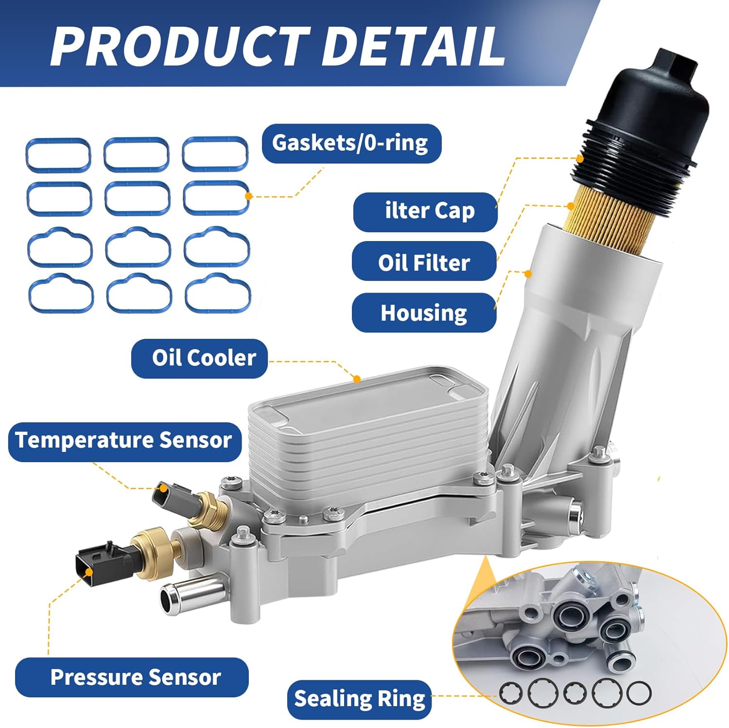 926-959 Aluminum engine oil cooler oil filter housing with sensor, suitable for Jeep Grand Cherokee Wrangler 2011-2016 Chrysler 200 300, Dodge Charger Challenger Ram150025003500 V6 3.6L 68105583AF