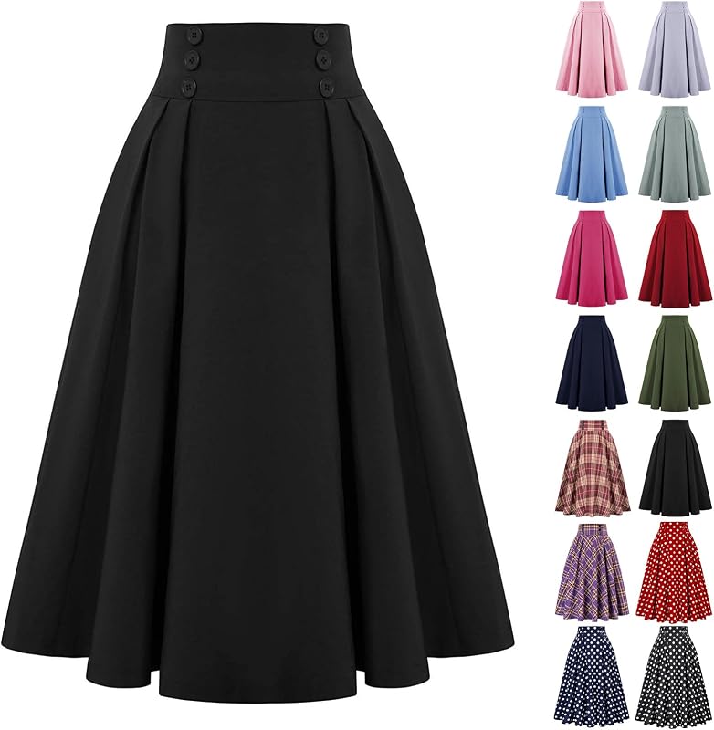 Midi Skirts for Women Elastic High Waisted A Line Flowy Pleated Skirt Business Casual Elegant Vintage Skirts