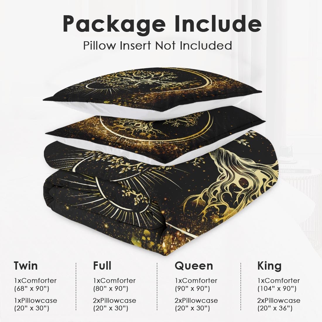WeCozy Queen Size Comforter Set with 2 Pillowcases, Nature Tree of Life 3 Pcs Bedding for Kids and Adults, Black Sun and Moon Soft Comforter Set for Bedroom Bed Decor