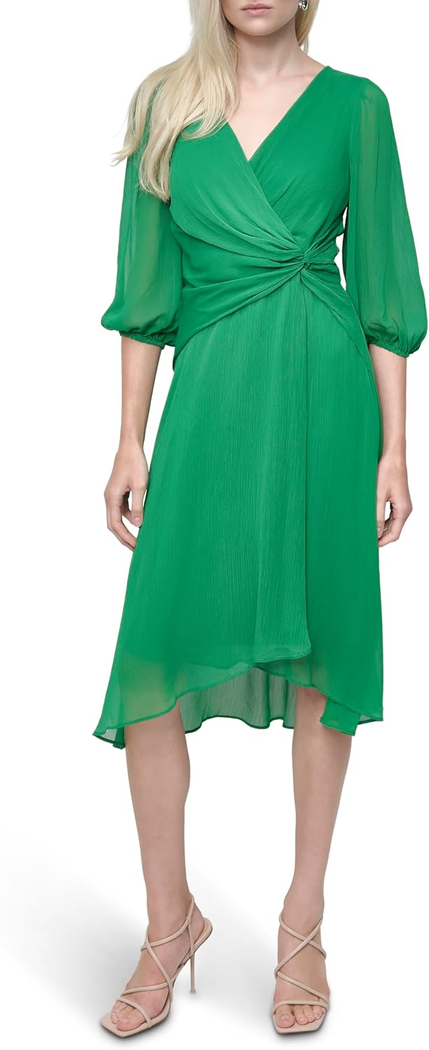 DKNY Womens 3/4 Balloon Sleeve Twist Front Chiffon Midi Dress - Image 2