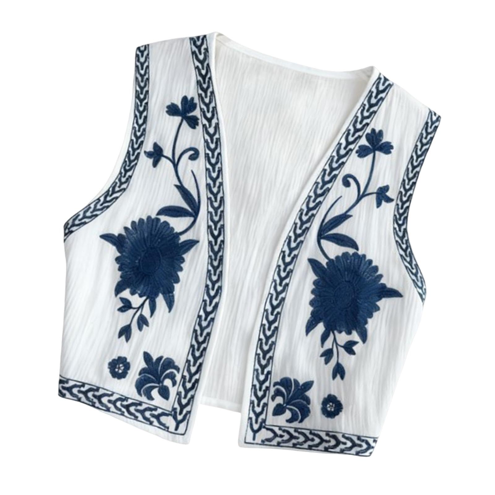 Women Floral Embroidery Vest Boho Easy to Wear Cardigan for Shopping Holiday White-image-29