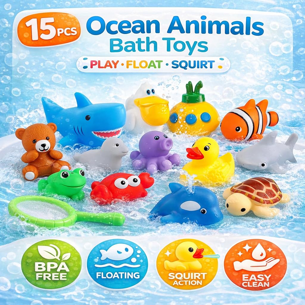 Set De 15 Juguetes De Baño Para Bebés – Animales Con Chorro, Barquitos Y Red De Almacenamiento