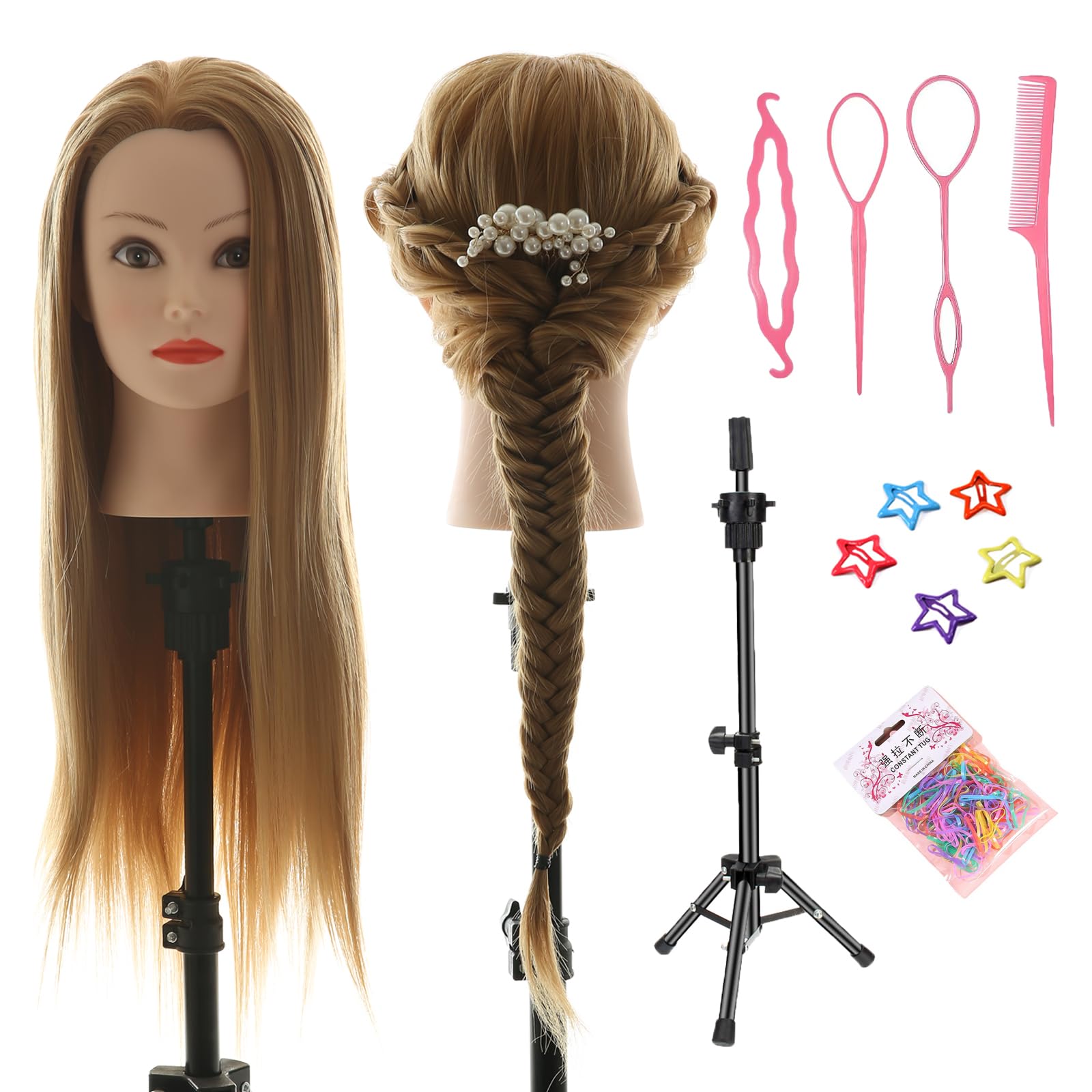 Frisierkopf Echthaar mit Ständer, 26 Zoll 100% Synthetisches Haar Trainingsköpfe für Friseure, Übungskopf Friseur Puppe Mannequin Kopf mit DIY Haare Frisuren Set