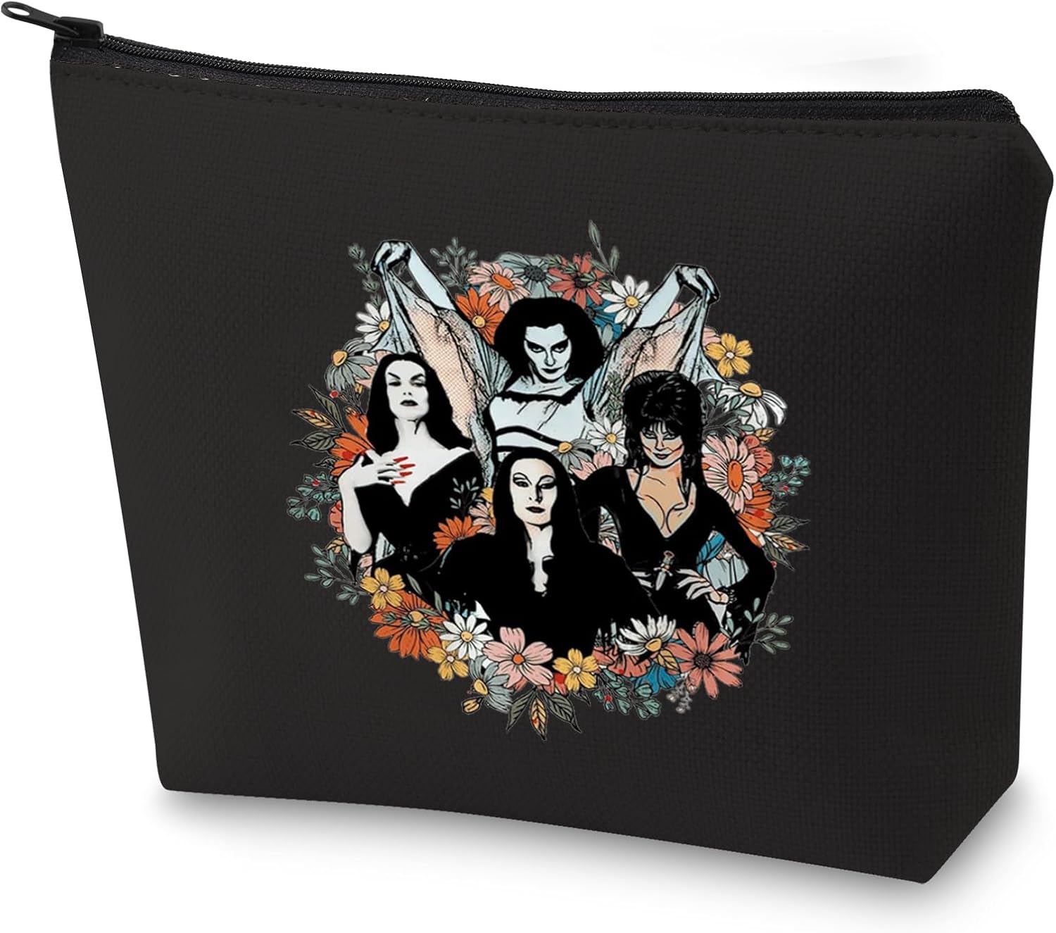 WZMPA Goth Queens With Flowers Cosmetic Bag Lily & Morticia & Vampira Fans Gifts Ghoul Gang Makeup Zipper Pouch Bag(Goth Queens With Flowers)