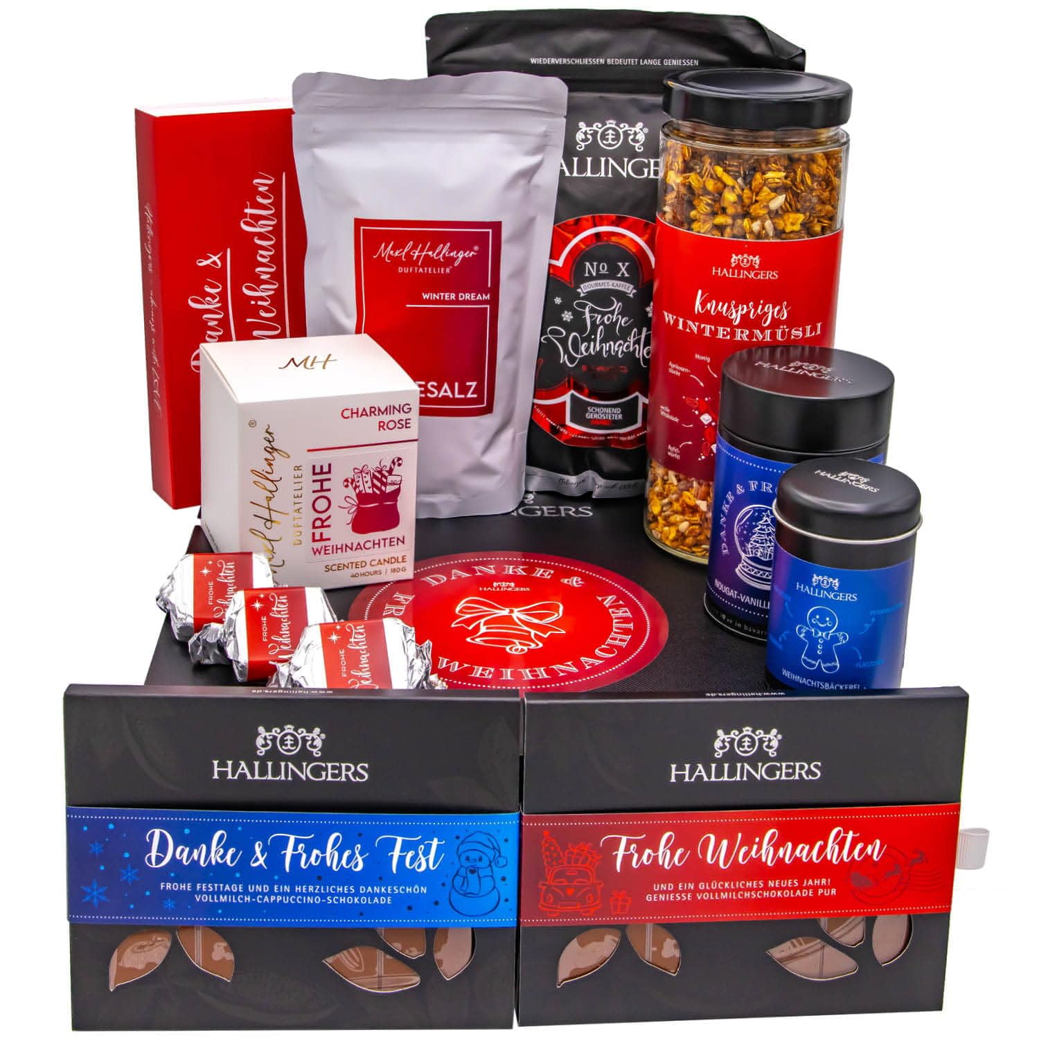 Hallingers Genuss Manufaktur Feinkost Weihnachts-Geschenk-Set - XXL-Geschenkkorb "Danke & Frohe W..." große Selektion Nougat, Müsli, Badesalz, Kerze, Schoki Kaffee & mehr, Weihnachten für Frauen