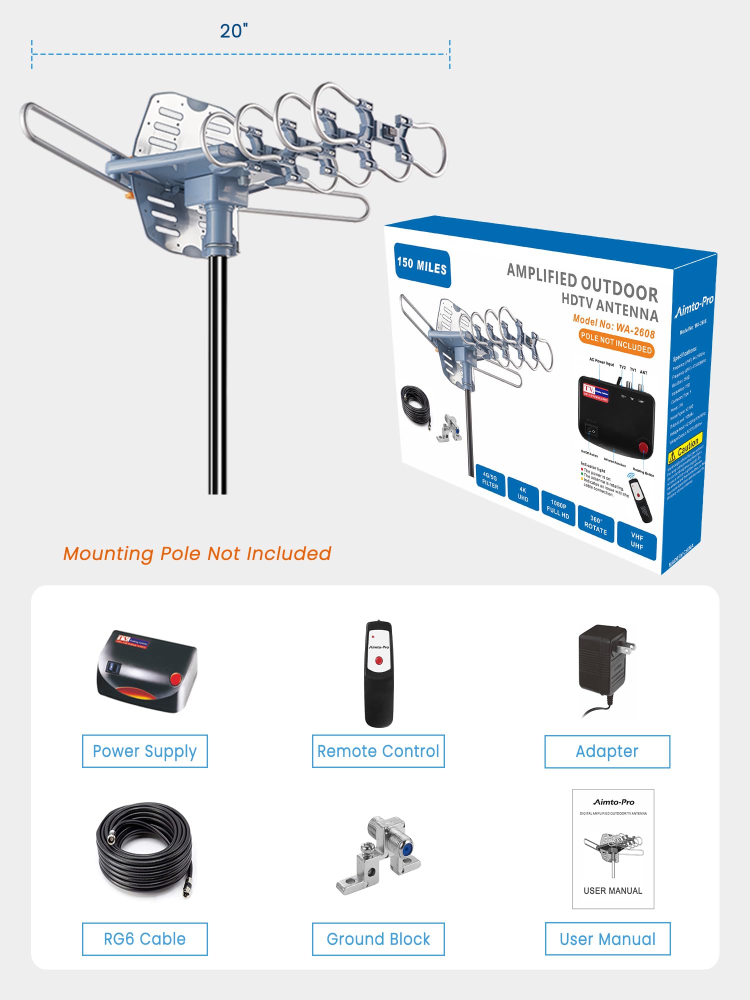 Antena HDTV para exteriores con amplificador para canales locales sobre el aire, antena de TV inteligente de largo alcance compatible con 2 televisores, antena ATSC 3.0 giratoria 360° con control