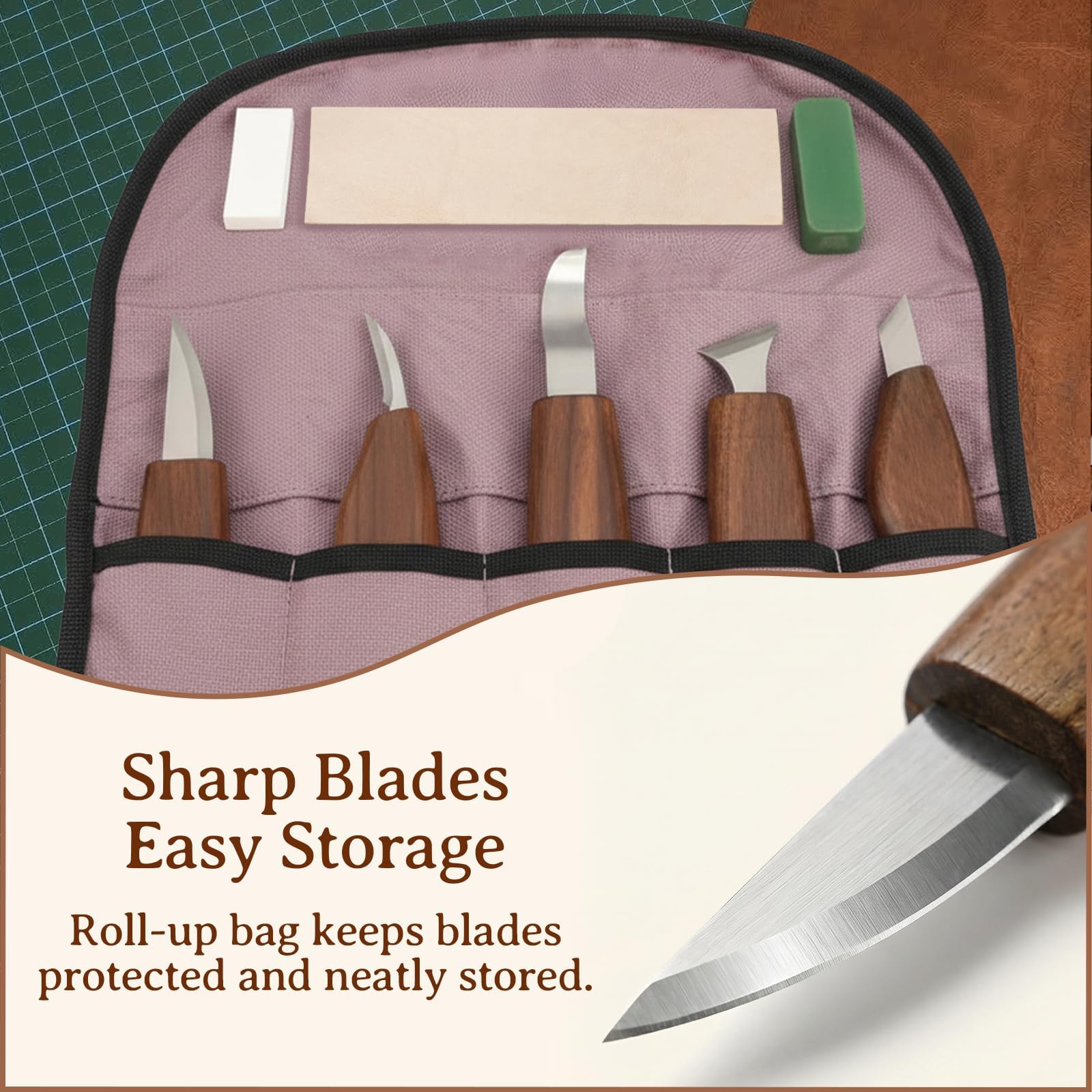 Kit de Tallado en Madera de 26 Piezas, PUYUKO Herramientas para Tallar Madera con 5 Cuchillos, 8 Bloques de Tilo para Tallar, Cuero de Afilar, Bolsa Enrollable y Guantes (26 Piezas)