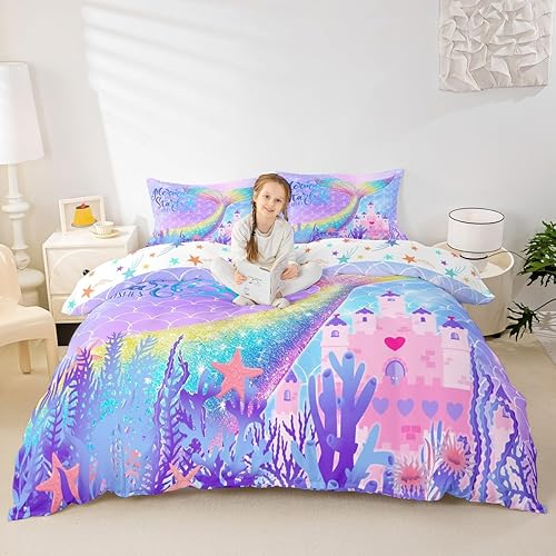 Castle Fairy Juego de funda de edredón de cola de pez de sirena, tamaño Queen, juego de ropa de cama de escamas de sirena de acuarela arcoíris, 3