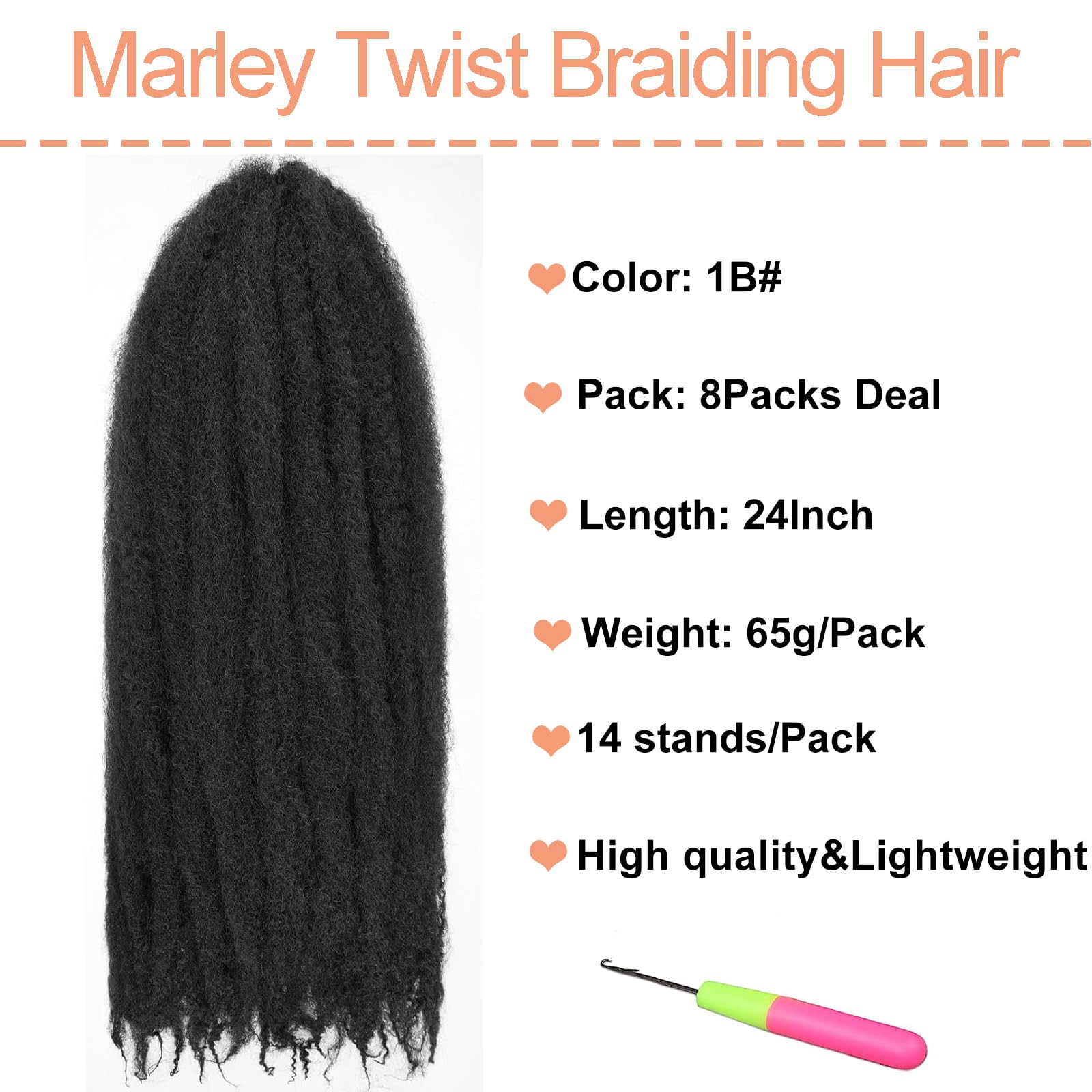 Mscat 24 Inch Marley Twist Braiding Hair 8 Packs Crochet Hair for Crochet Faux Locs Synthetic Braiding Hair Extension for Women 1B3027# - Image 2
