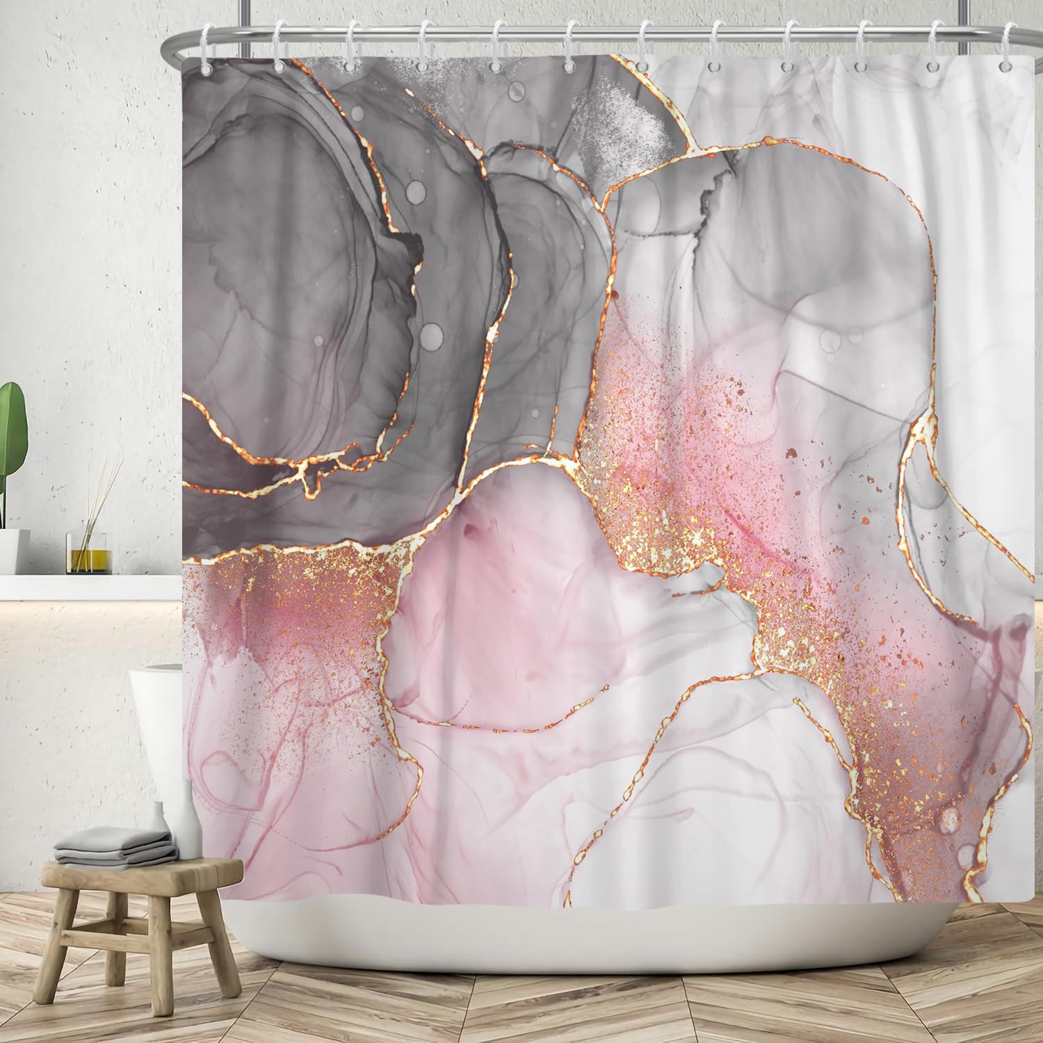 ASDCXZ Marble Shower Curtain 240x180 cm, Modern Abstract Grey White Rose Gold Marble Optic Texture Colorful Washable Shower Curtains Polyester Textile Waterproof Curtain for Bathtub with 12 Hooks โ image 1