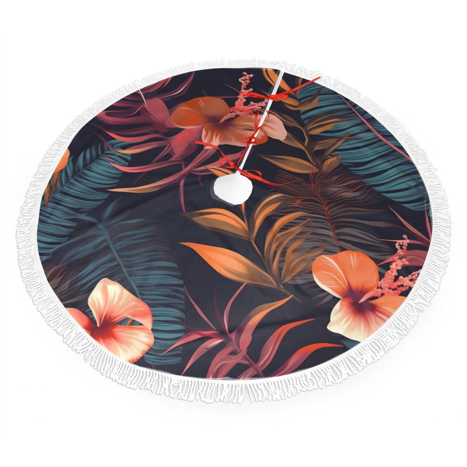 Tropical Flower Christmas Tree Skirt 48", Soft Plush Xmas Tree Carpet with Tassel Christmas Ornaments Winter Holiday Tree Mat Decoration for Home Party Supplies