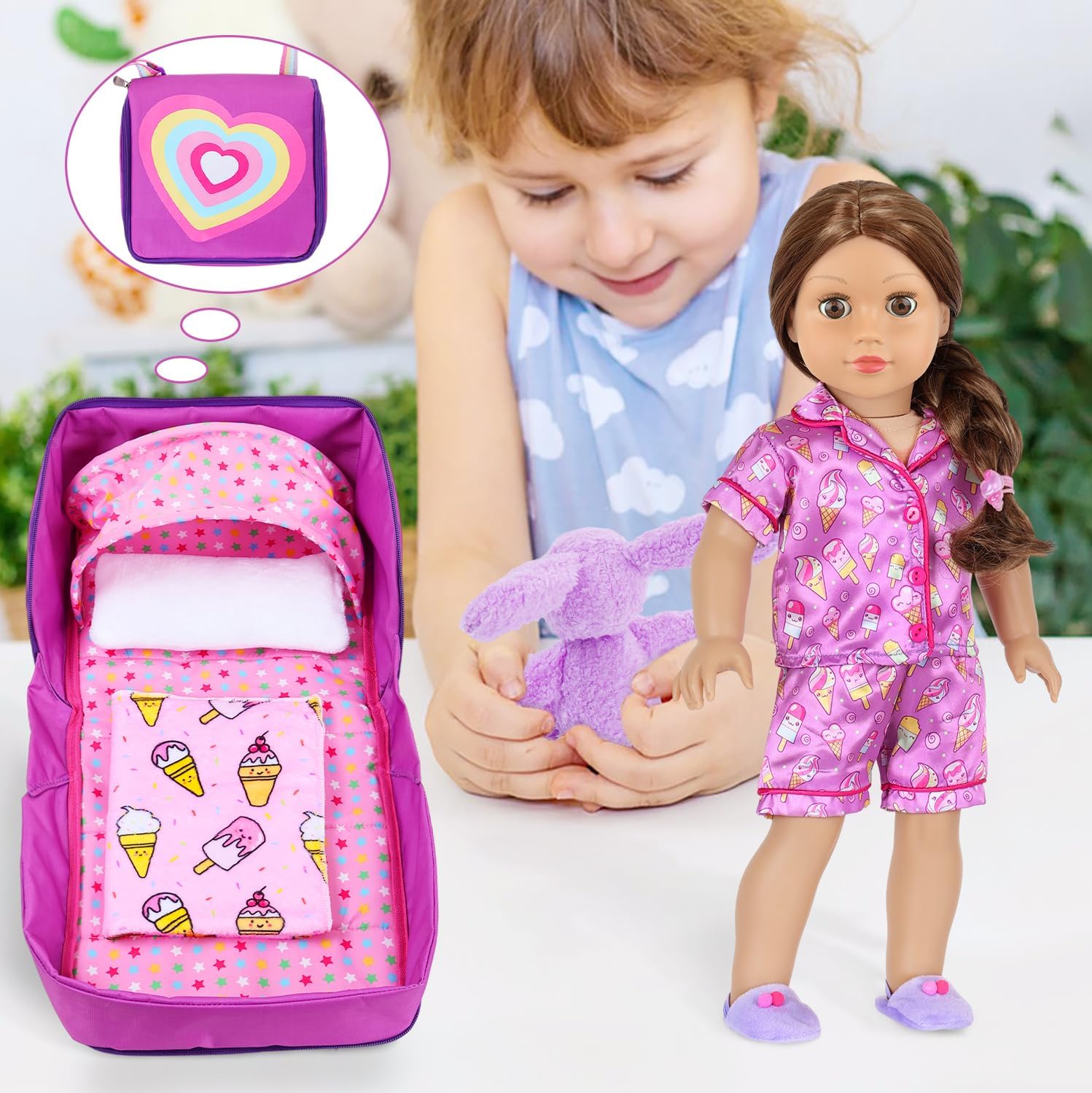 Ecore Fun 18 Inch Doll Clothes and Accessories, Bedding Accessories (8pcs) - Multi-Functional Sling Bag(Unfold Into A Bed), Pajamas, Slippers, Pillow, Blanket, Toy Rabbit, Hairband