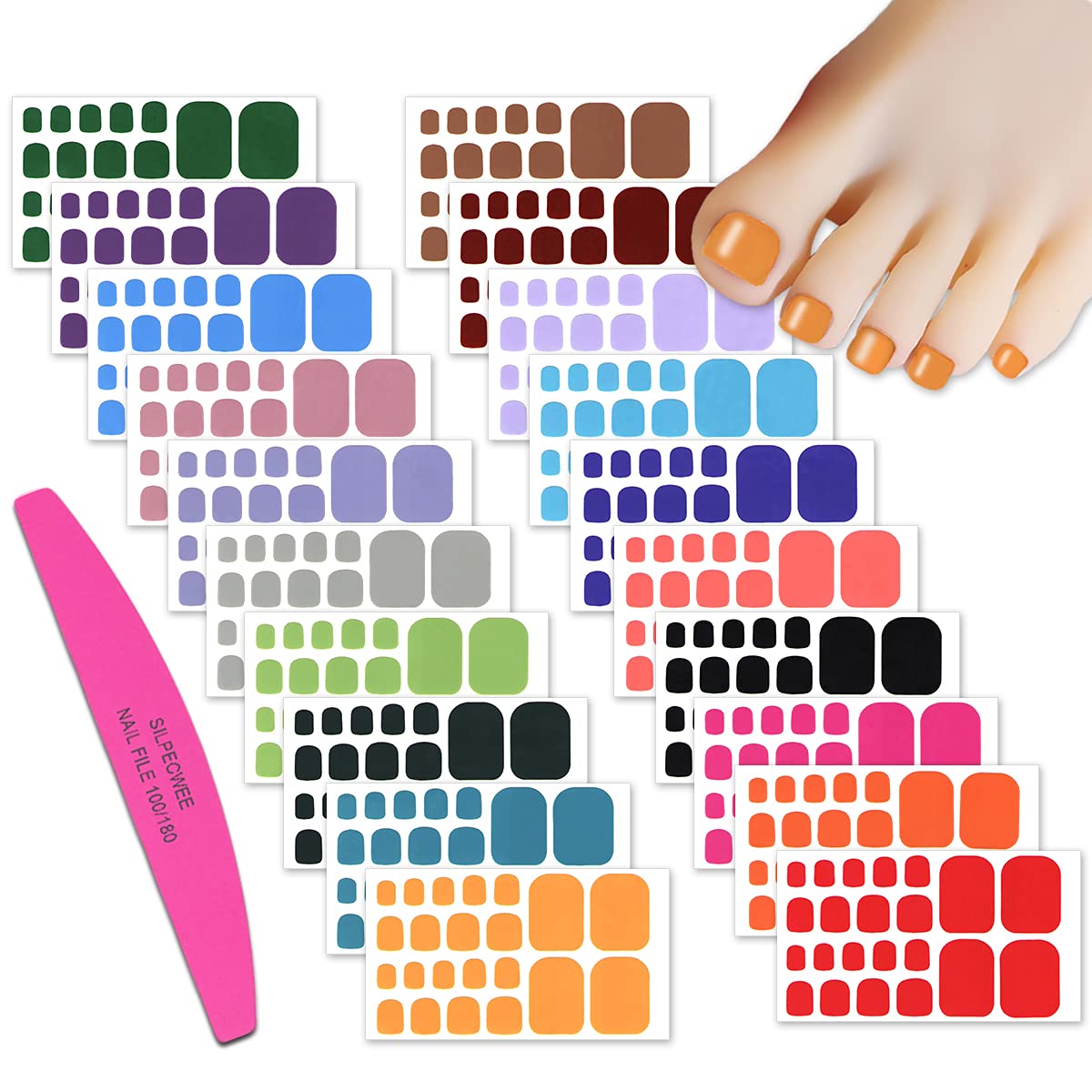 SILPECWEE 20 Sheets Toenail Polish Strips for Women Solid Color Toenail Stickers Full Nail Wraps Gel Nail Strips Self Adhesive Toes Nail Stickers for Nail Art Manicure with Nail File