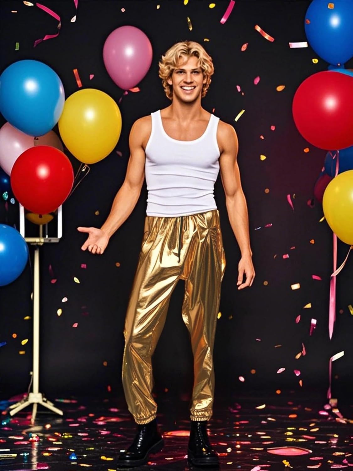 GRAJTCIN Mens Metallic Disco Pants - 70s/80s Sequin Drawstring Waist Party Club Rave Shiny Jogger - Image 3