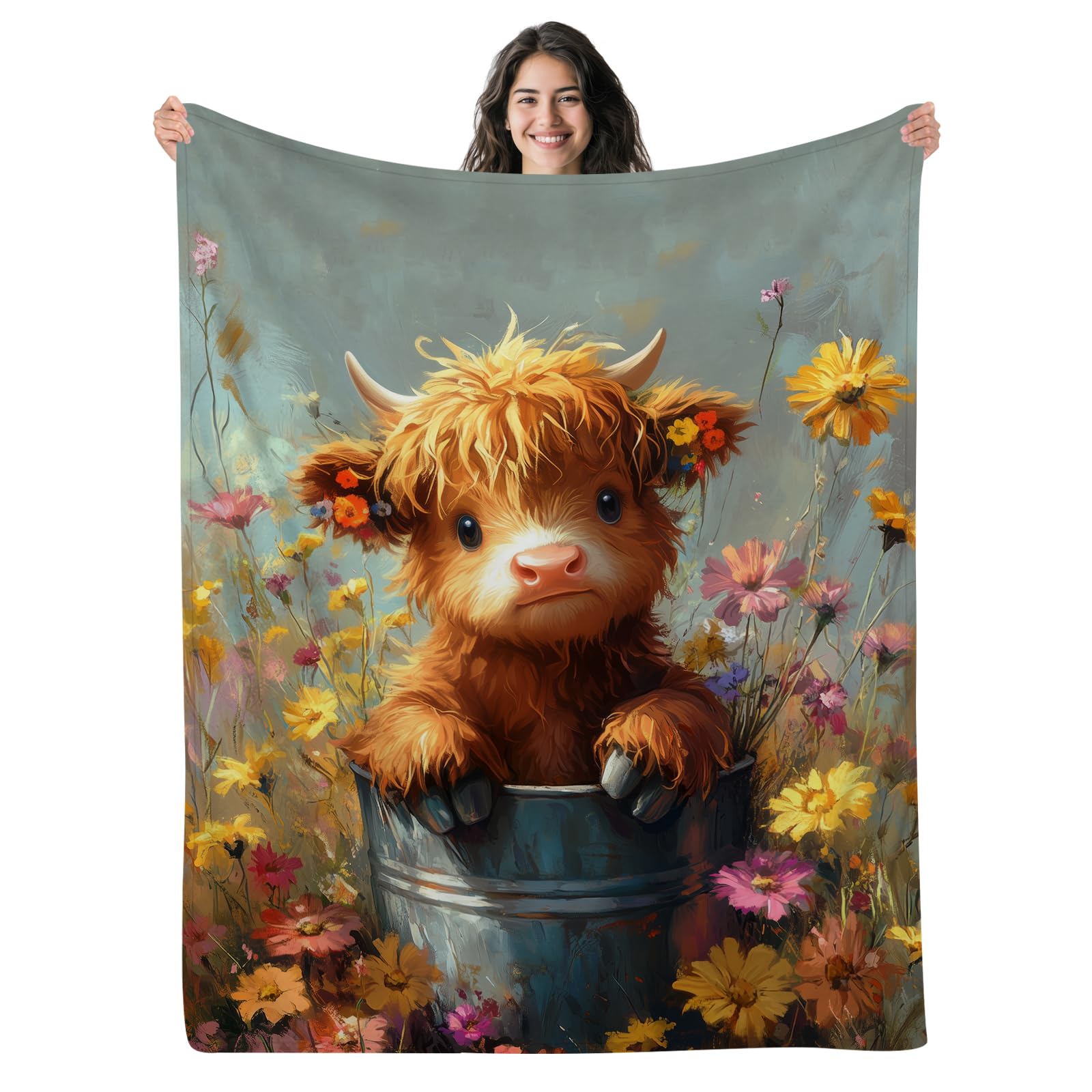 KAFFUL Highland Cow Blanket - Soft Floral Print Throw For Women, Girls & Kids | Cozy Plush Cow Gift Blanket, 80x60 Inches