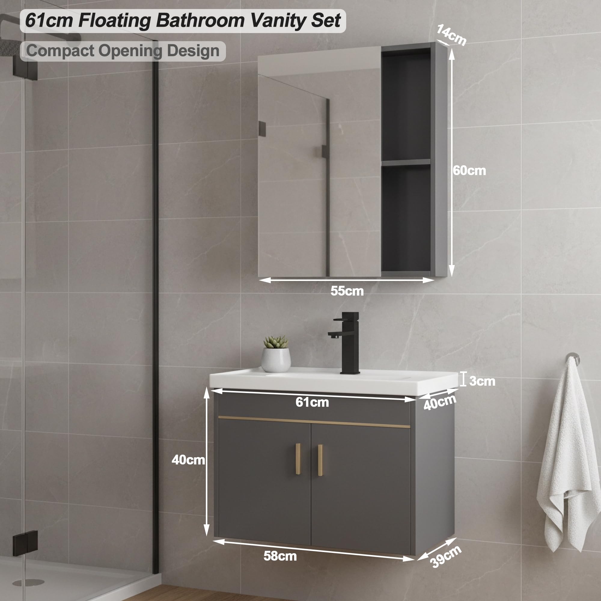 Set di mobili da bagno 60cm con lavabo e armadietto a specchio, mobiletto sottolavabo a parete in legno di pino, lavabo in ceramica con rubinetto e scarico, set di mobili da bagno per bagno (grigio