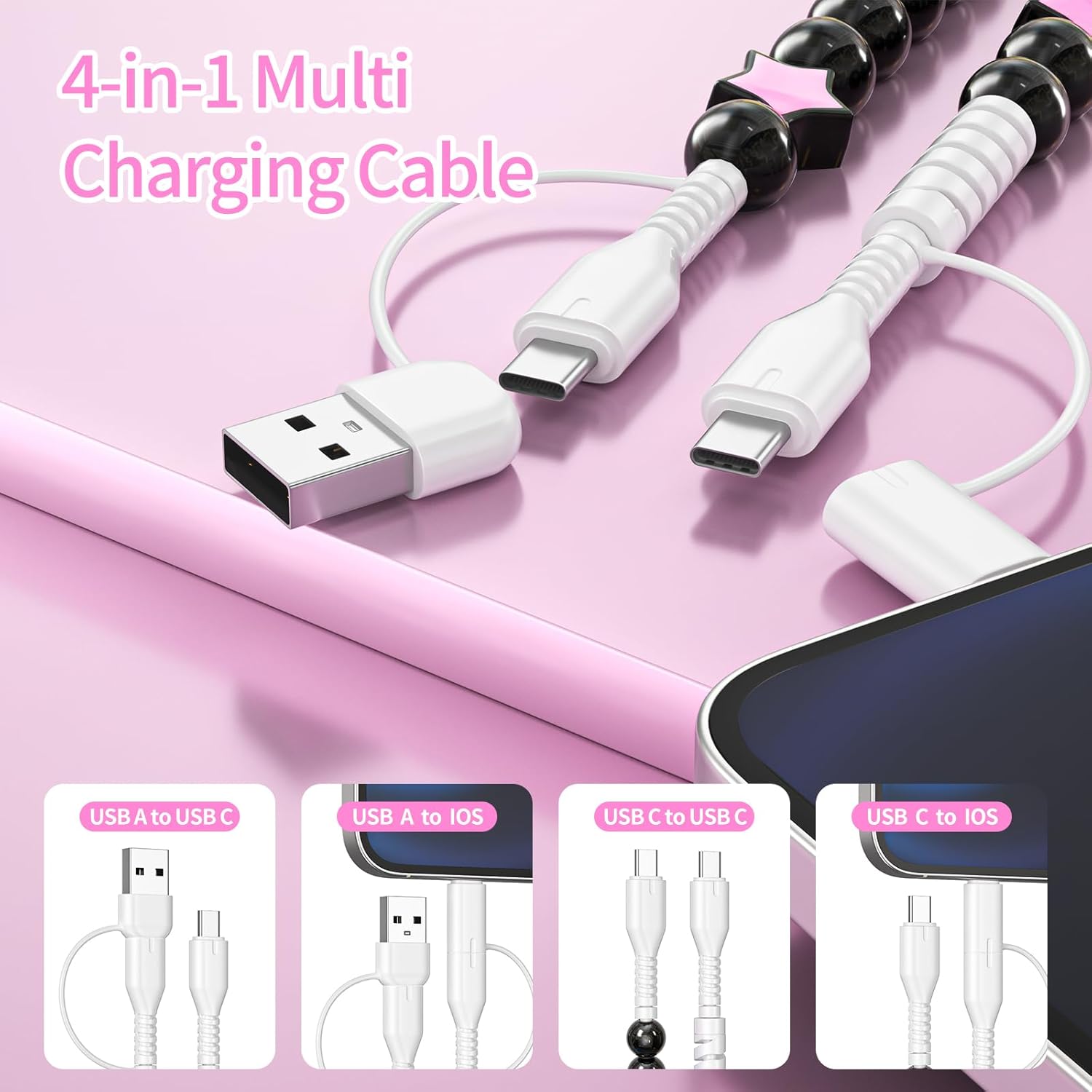 VOFUOE USB C Cable for iPhone 17 Charging Cable USB A to Type C Cable 4 in 1 Multi Charging Cord Star Beaded Charger Cable 3.3FT Fast Charging for iPhone 16/15, Galaxy S24/S25 Ultra-Black & Pink - Image 2