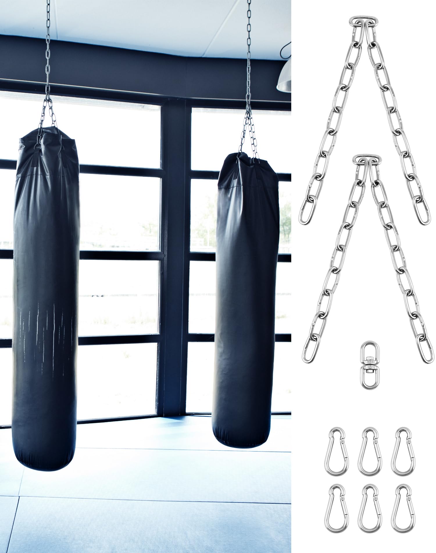 QWORK® Cadena para colgar sacos de boxeo de 4 hilos, cadenas de acero inoxidable resistentes, longitud total 50 cm, giro de 360 ​​grados, capacidad de carga máxima 70 kg