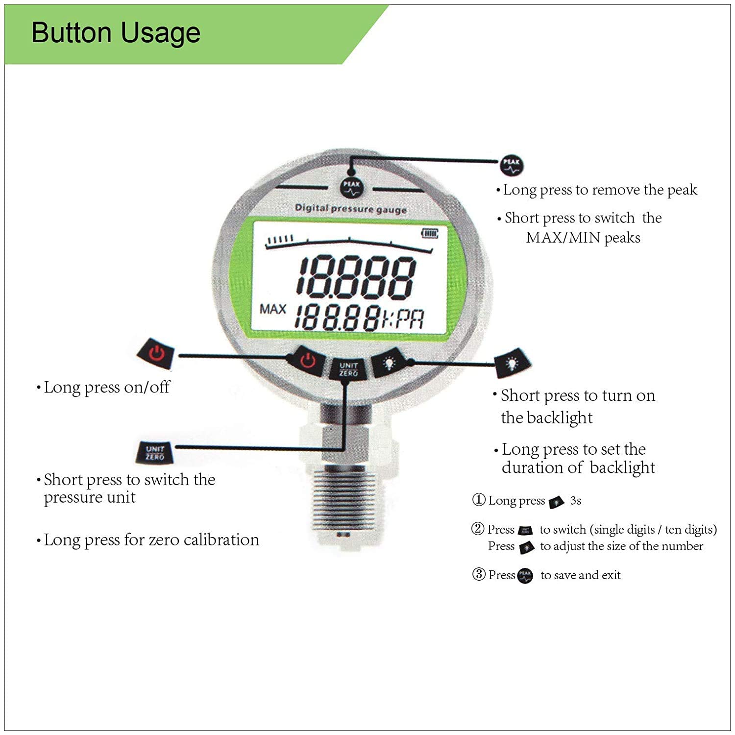 Medidor de presión digital 0.1-1MPA/150PSI con interfaz NPT1/4 1% FS Precisión Medidor de presión de agua de gas hidráulico con retroiluminación y carcasa de gel de sílice