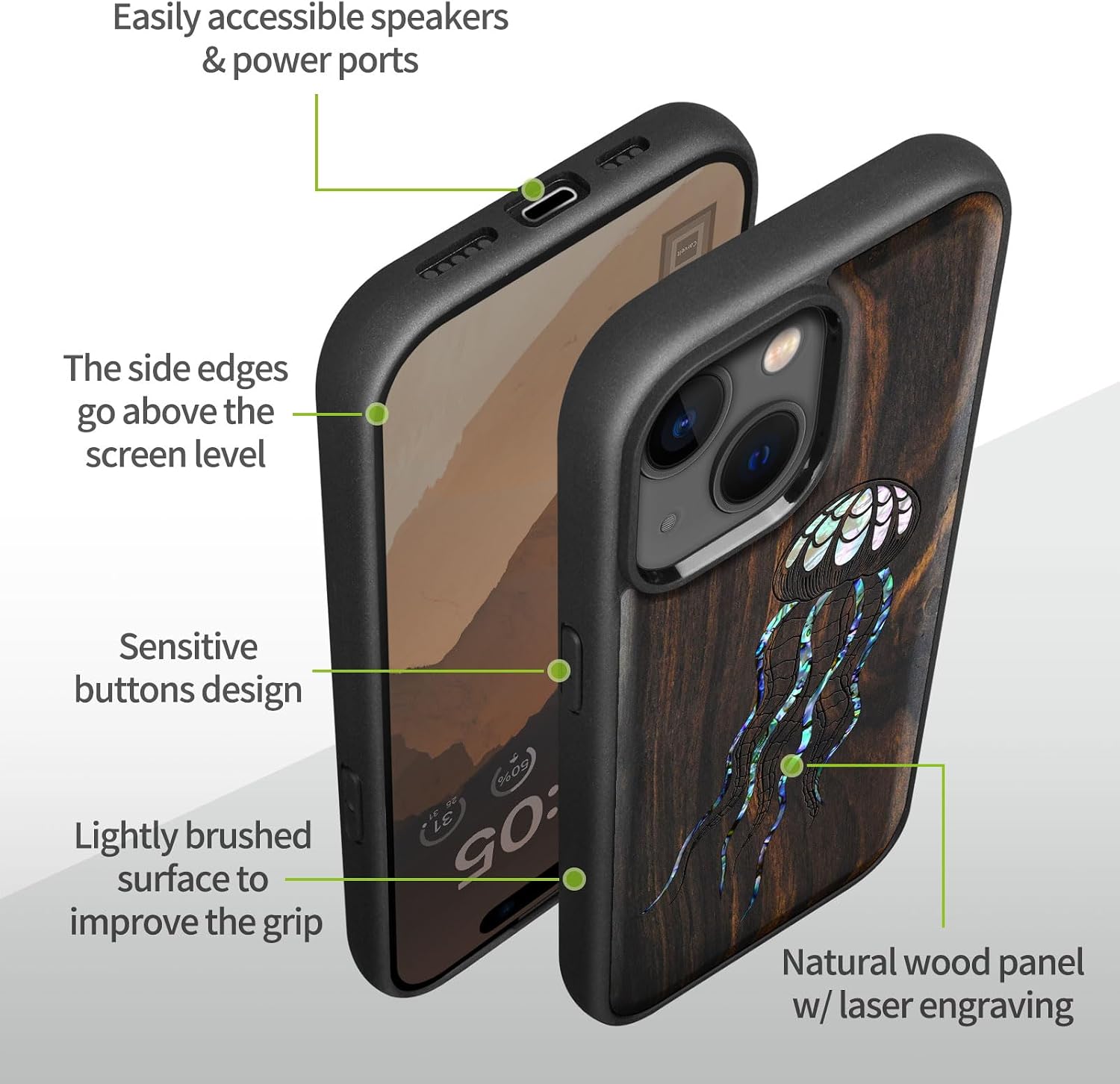 Carveit Designer Wooden Protective Magnetic Case for iPhone 14 Case [Wood Engraving & Shell Inlay] Compatible with iPhone 14 MagSafe (Art Jellyfish-Blackwood)