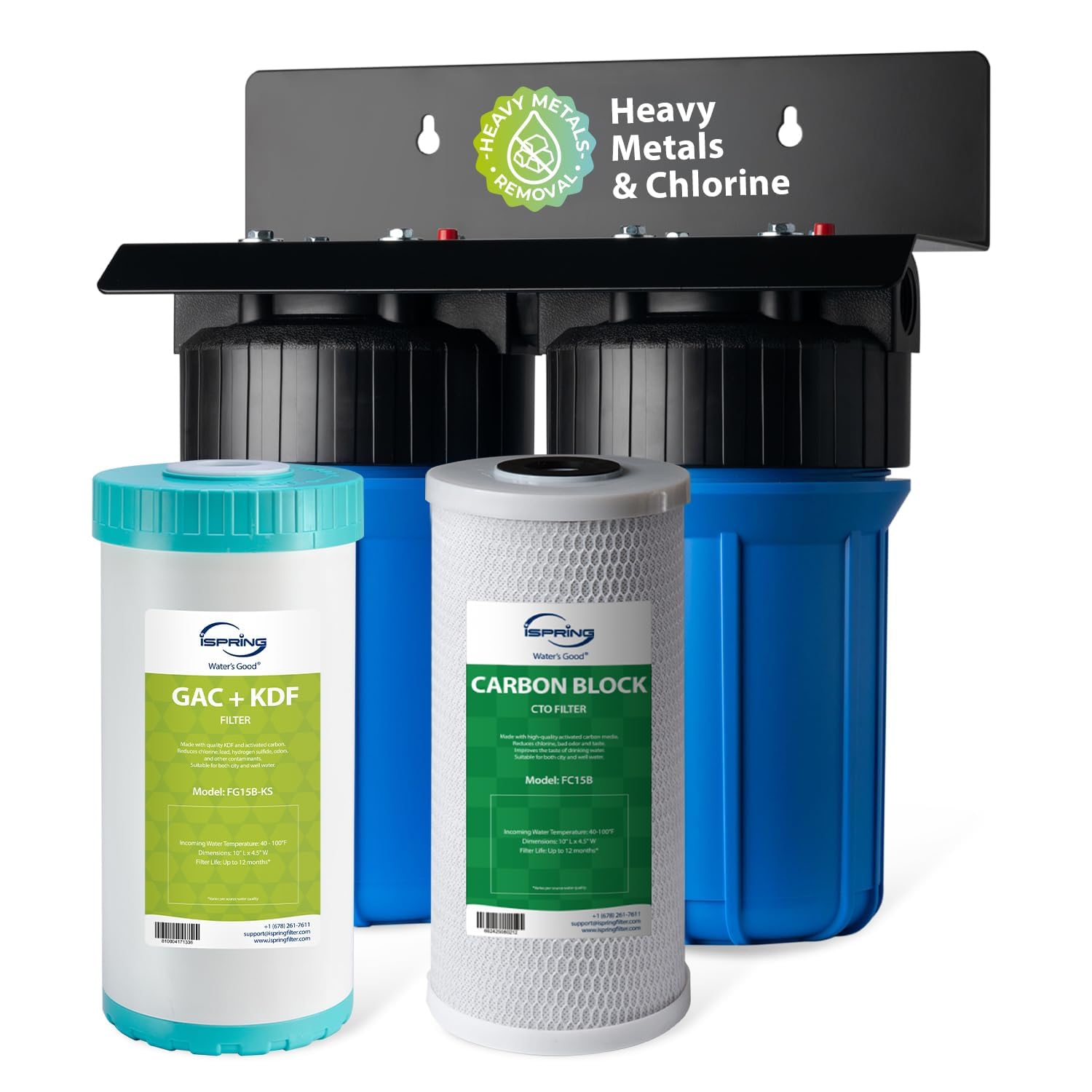 iSpring WGB21B-KS 2-Stage Whole House Water Filtration System with 10" x 4.5" Sediment CTO(Chlorine, Taste and Odor) Filter,KDF+GAC filter, Removes Chlorine, Iron, Lead, Odor and More, 1" Inlet/Outlet