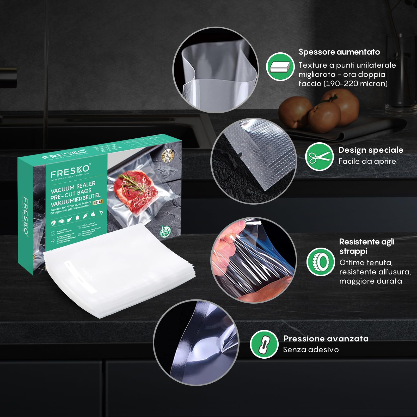 FRESKO Sacchetti Sottovuoto Alimenti 120pcs 20x30cm, Sacchetti per Sottovuoto Testurizzato di Grado Commerciale per Cottura Sottovuoto, Sacchetti Pretagliati Senza BPA e Approvati Dalla FDA