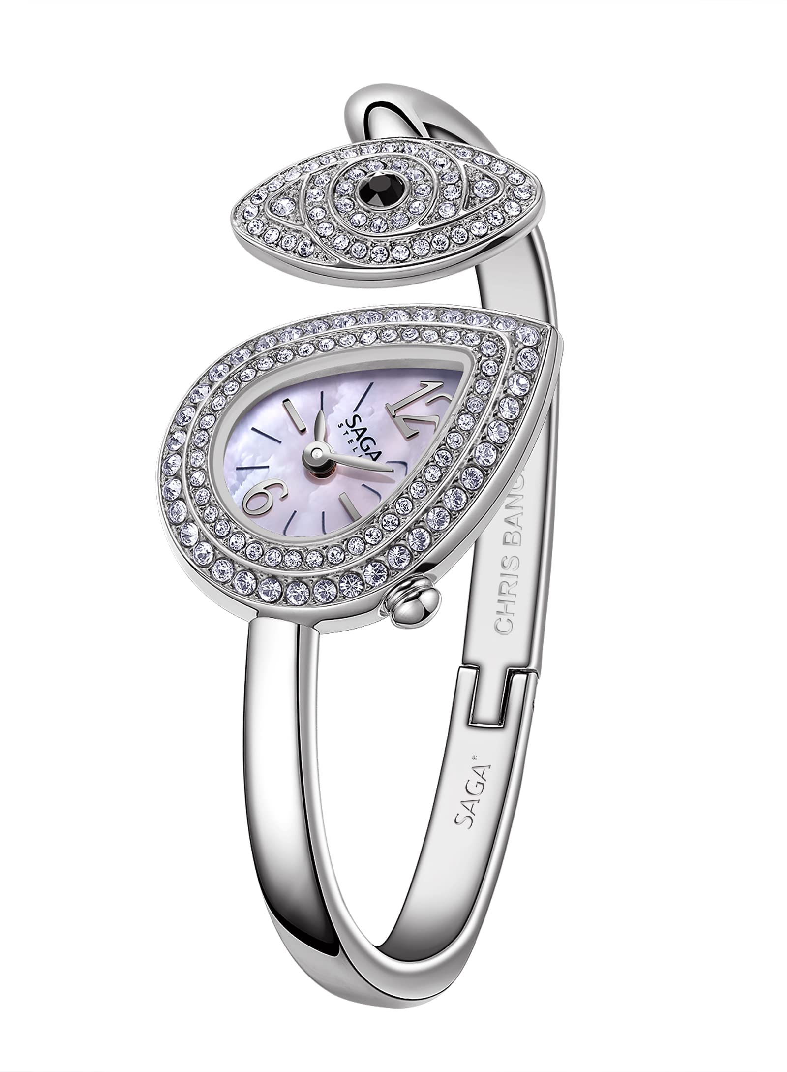 SAGA Angel's Eye Women's Luxury Cuff Bracelet Watch, Swiss Ronda Quartz Movement, Teardrop-Shaped Dial, 30M Water Resistant, 316L Stainless Steel Bracelet with 129 Danube Crystals