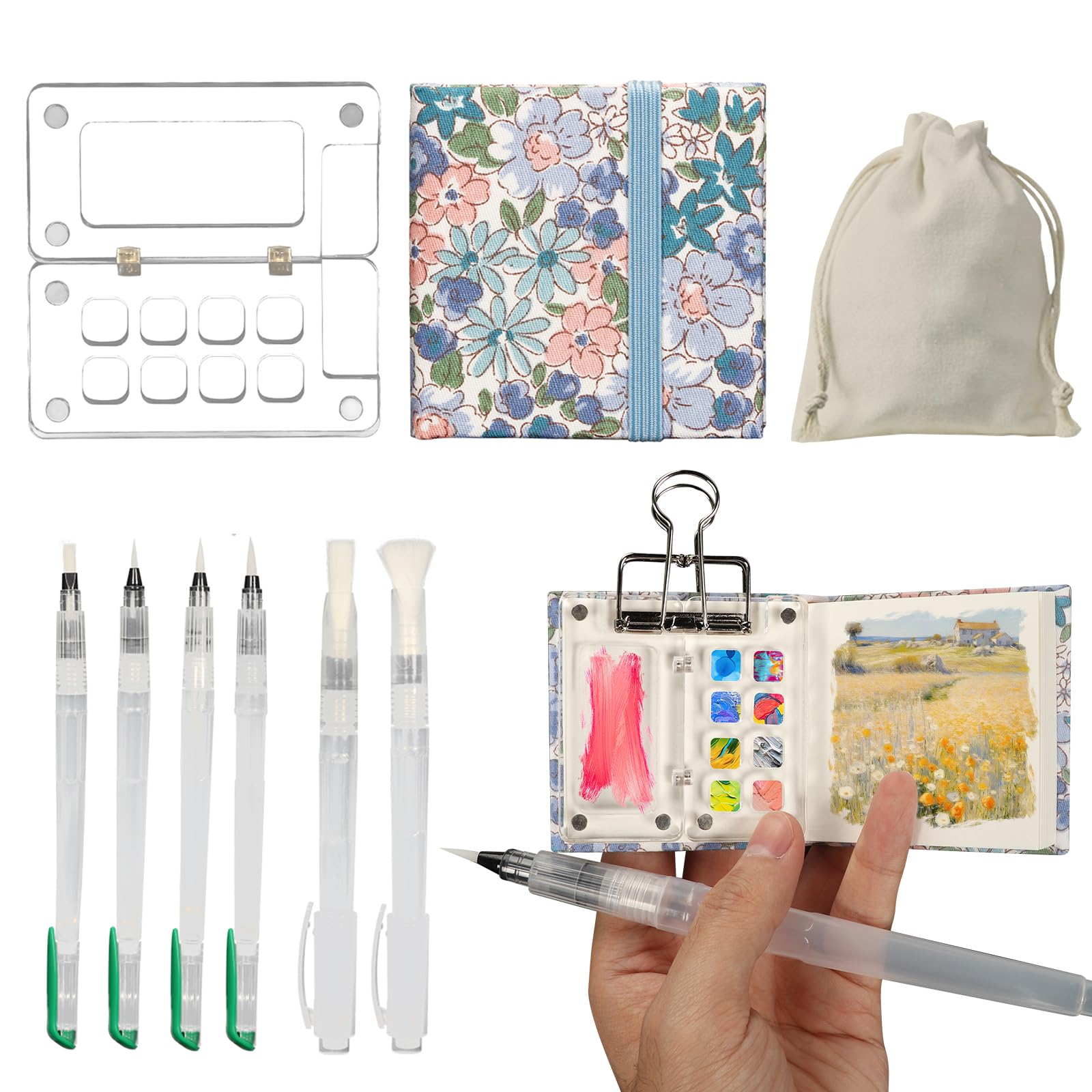 Domigard Mini Portable Watercolor Palette Set,Pocket Artist Watercolor Paper Pad Watercolor Sketch Book Travel Set,Watercolor Brushs with Binder Clips for Painters Artists Students (Purple Flowers)