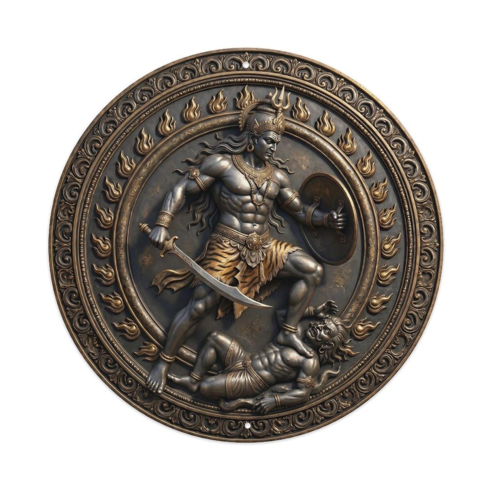 Shiva Demon Slayer Warrior Battle Relief Sculpture Metal Tin Sign