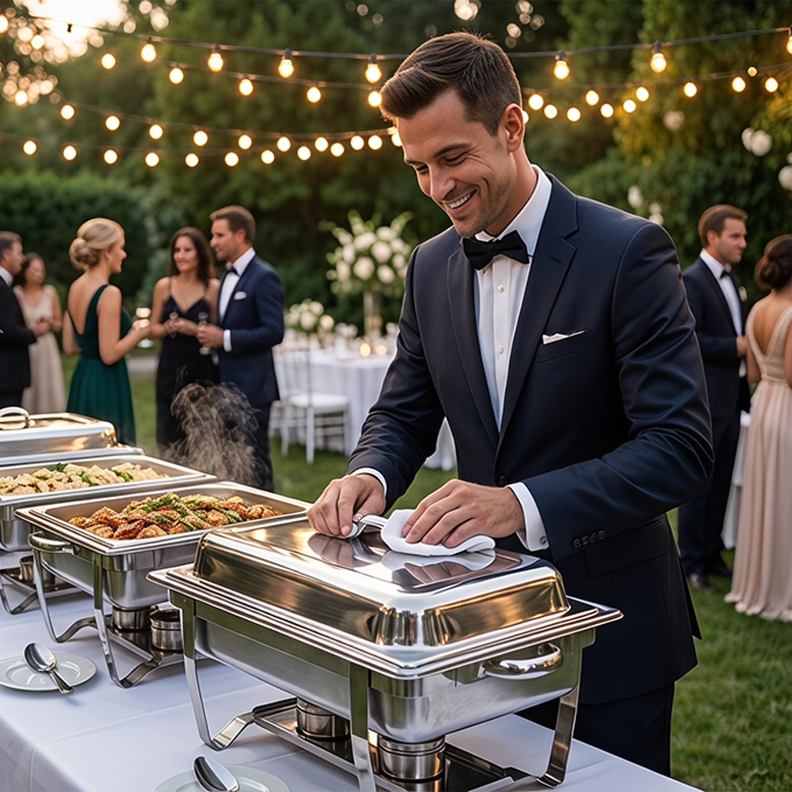 Paquete de Platos de para bufé, Catering, Calentador de Alimentos | sartén fría y caliente con soporte para tapa, juego de platos de cena de acero inoxidable grueso, servidor de buffet