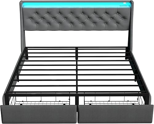 Miniatura 9 de SADENICEL Base de cama Queen con cabecera de almacenamiento y 2 cajones, plataforma de base de cama de metal tamaño Queen con luz LED, estación de