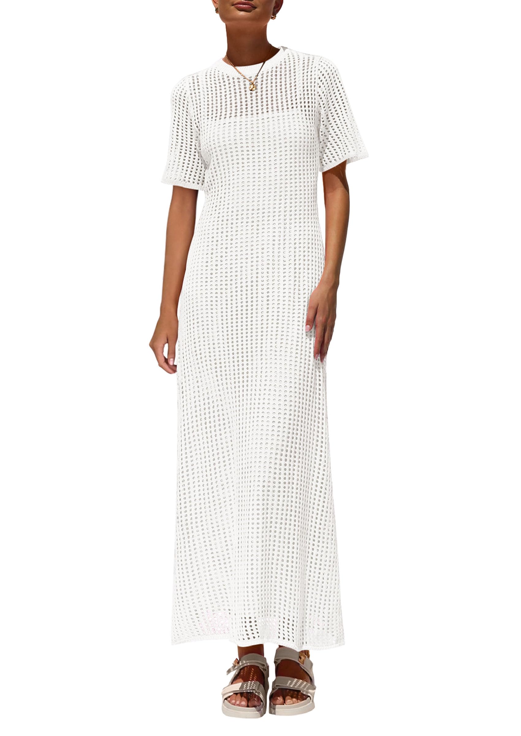 PRETTYGARDEN Womens Eyelet Cover Up Dress 2026 Summer Vacation Resort Maxi Dresses Beach Short Sleeve Hollow Out Sundress