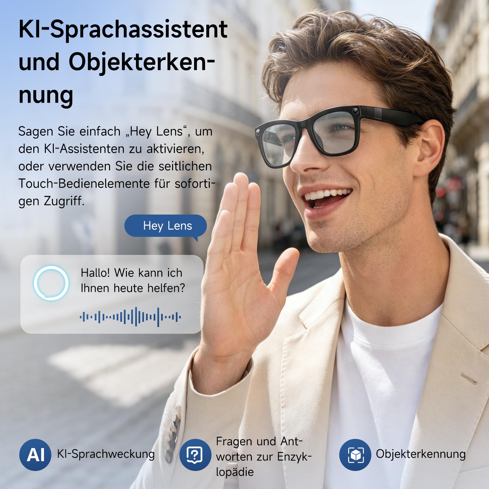 Smart Glasses mit KI & Bluetooth-Anrufe, ChatGPT-Sprachassistent, UV-Schutz