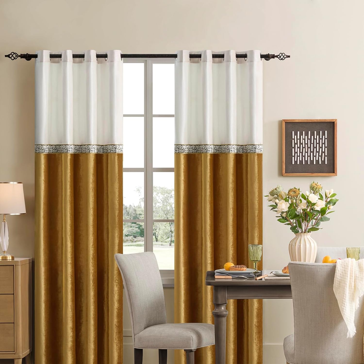GIGIZAZA Velvet Curtains for Living Room 84 Inches 2 Panels Vintage Window Treatment Ivory Gold Curtain Embroidered Floral Blackout Drapes Retro Curtains Set