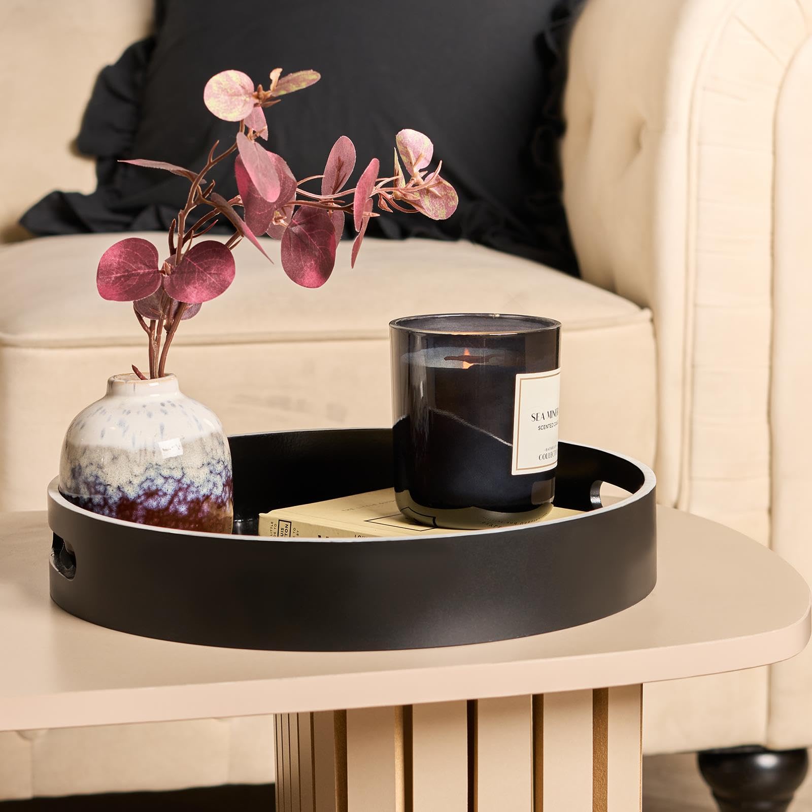 Ohs Monochrome Round Decorative Tray, Serving Tray With Handles Candle Holder Vanity Trays For Dresser Centrepiece Kitchen Countertop Coffee Table Tray Plastic Organiser Accessory Trays,