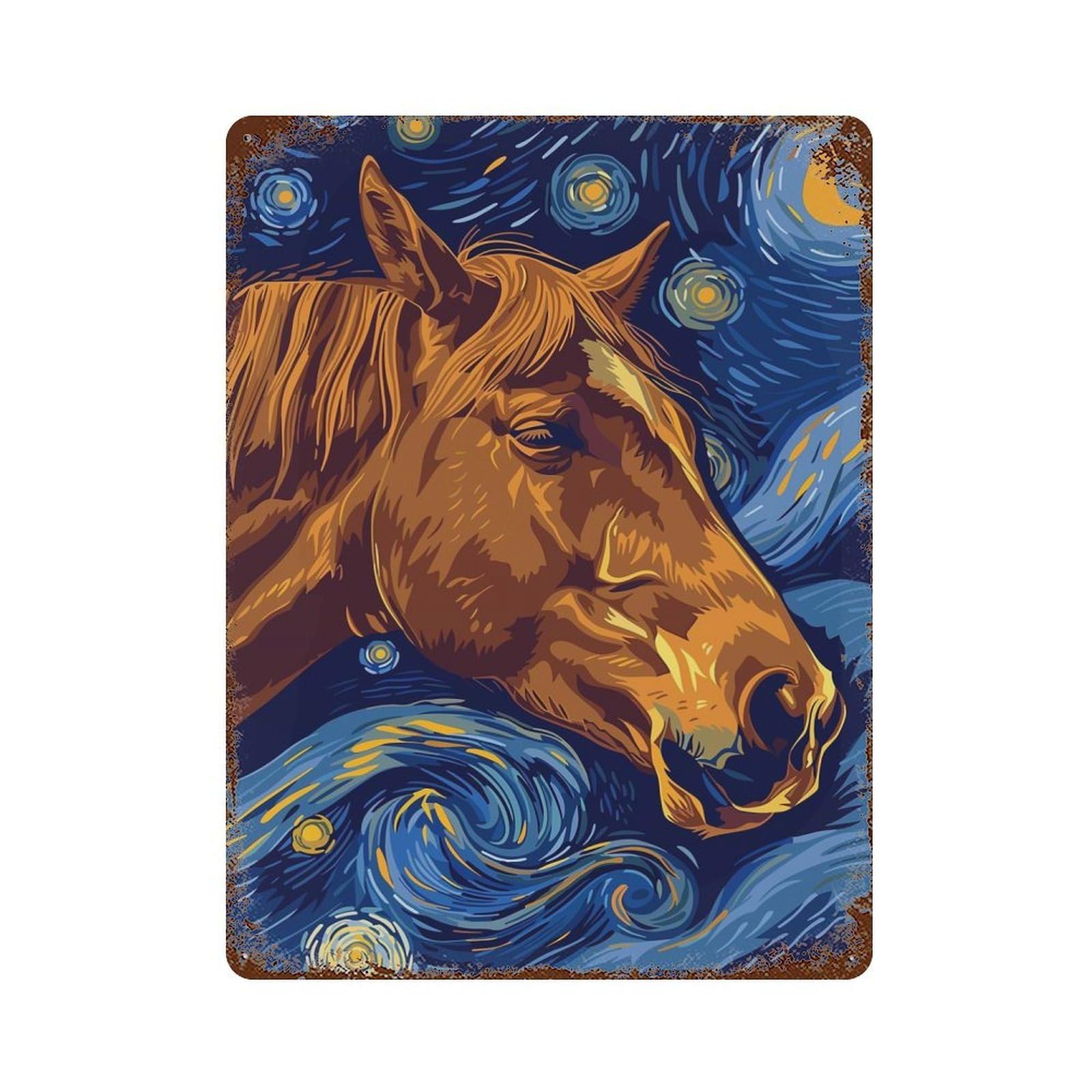 Rust Effect Horse Portrait in Starry Night Style Distressed Metal Wall Sign 15.7"x11.8", Decorative Metal Wall Art for Living Room, Hallway And Home Decor