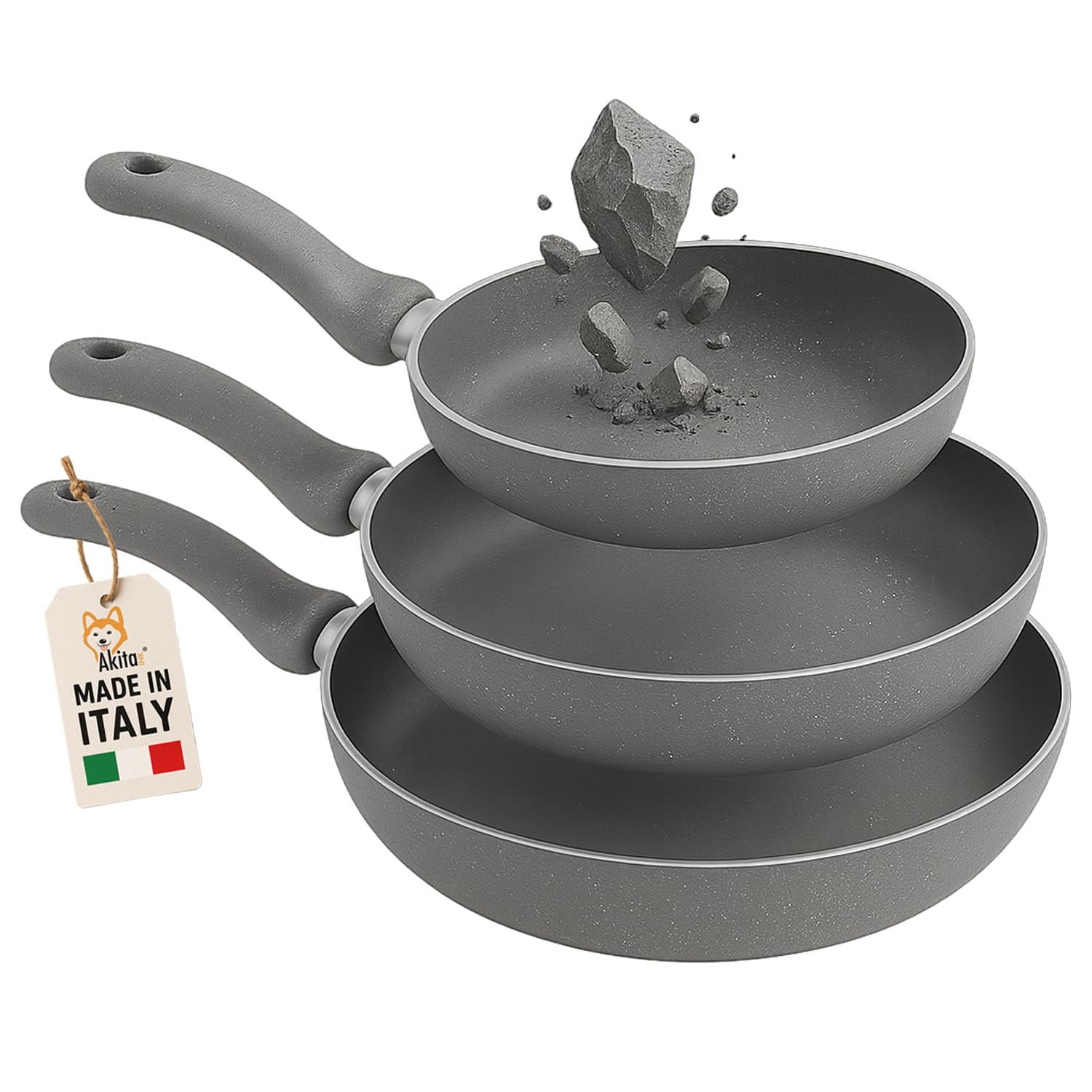 AKITAInk Set 3 Padelle Primolla Stone Effetto Pietra Antiaderenti - Tris Padelle Diametro 20-24-28 cm, Rivestimento 6 Strati, Manico Ergonomico, Made in Italy