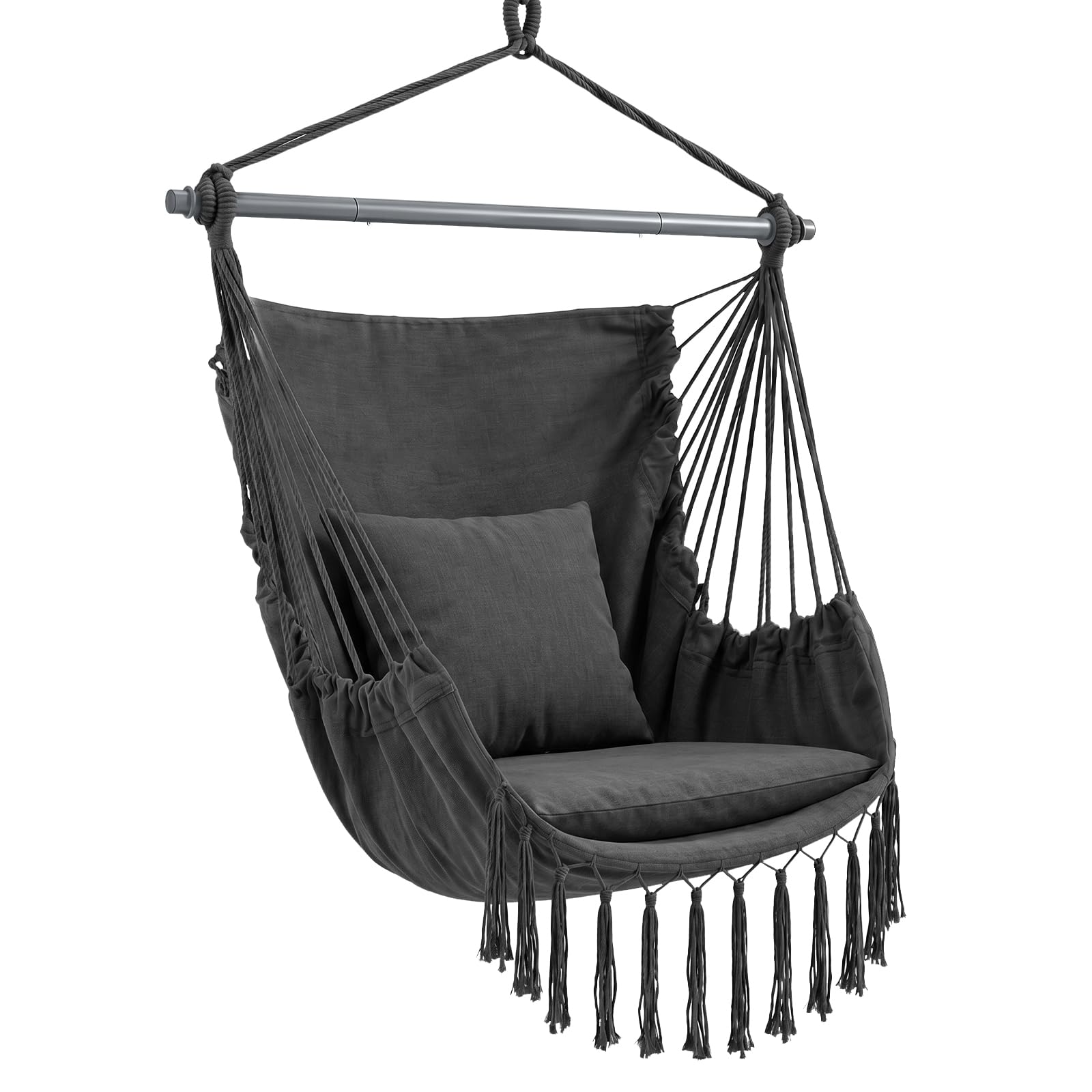 Sekey Hängesessel mit 2 Kissen & Seitentasche - Boho Hängestuhl bis 120 kg - Robuste Metallstange & Anti-Rutsch-Ringe - Atmungsaktive Hängeschaukel für Indoor, Balkon & Garten, Anthrazit