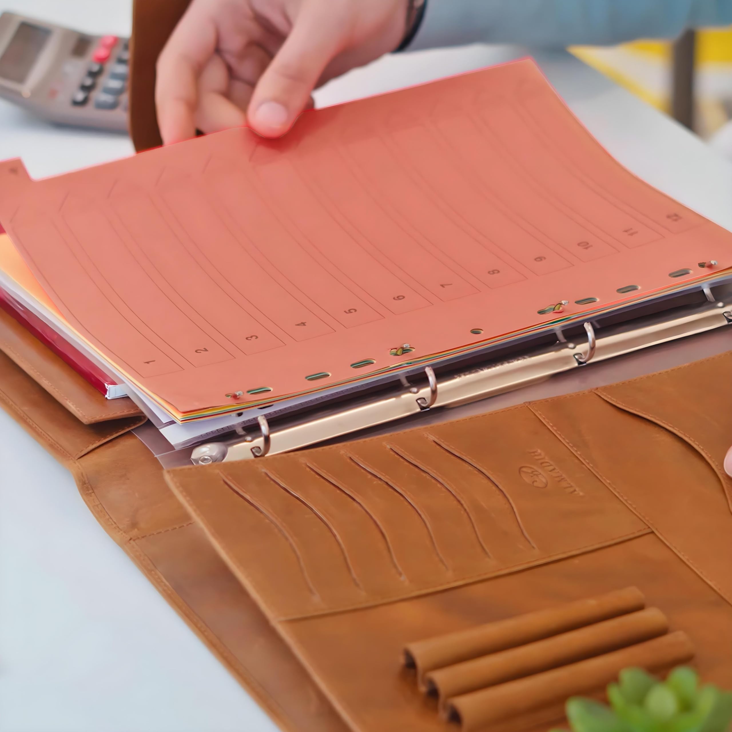ALMADIH A4 Konferenzmappe aus Rindsleder + herausnehmbares Ringbuch + Schreibblock - Braun Vintage - Ledermappe Leder Schreibmappe Aktenmappe Organizer Dokumentenmappe Terminplaner (Braun Vintage)