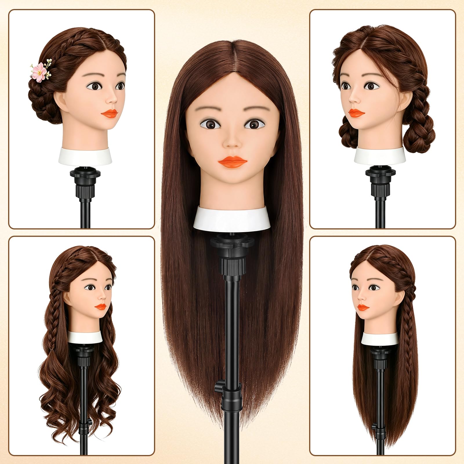 TwoWin Friseurkopf mit Haaren 26 Zoll 66 cm 80% Echthaar Mannequin Kopf Trainingskopf für Styling Friseurpraxis Dunkel Braun