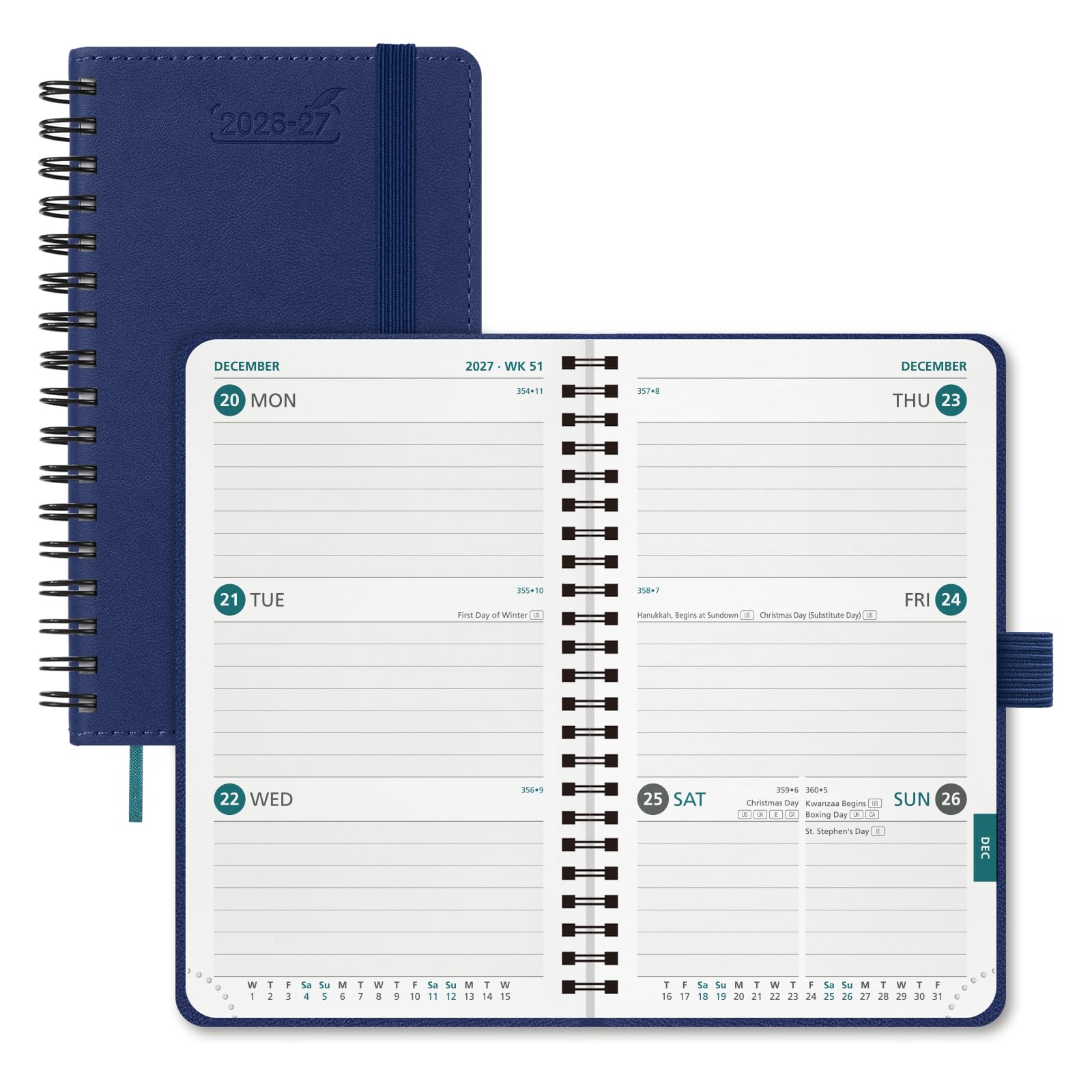 BEZEND Pocket Diary 2026-2027 Week to View (Jul 26 - Dec 27) Spiral, A6 15.5 x 9 cm. Small Academic Planner with Pen Holder & Inner Pocket, for Home School Office. PU Leather Softcover, Blueberry
