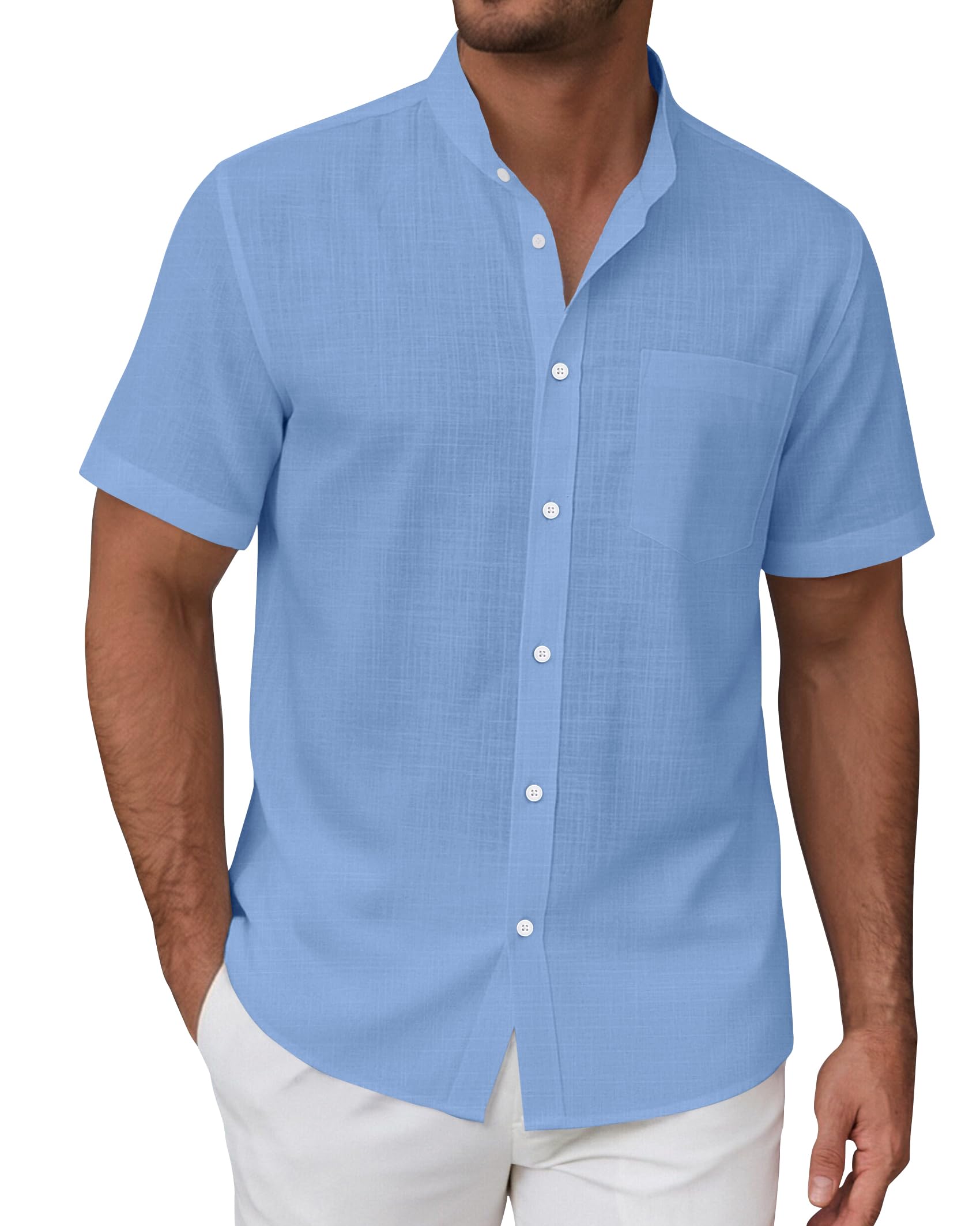 siliteelon Leinenhemd Herren Kurzarm Stehkragen Sommerhemd Freizeithemd Regular Fit Kragenloses Leinenshirt Standhemd