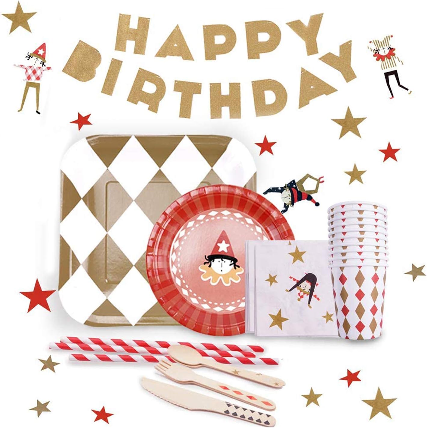 109 Pcs 12 Guests Kids Plates Cups Napkins Straws Birthday Party Supplies Set, Gold
