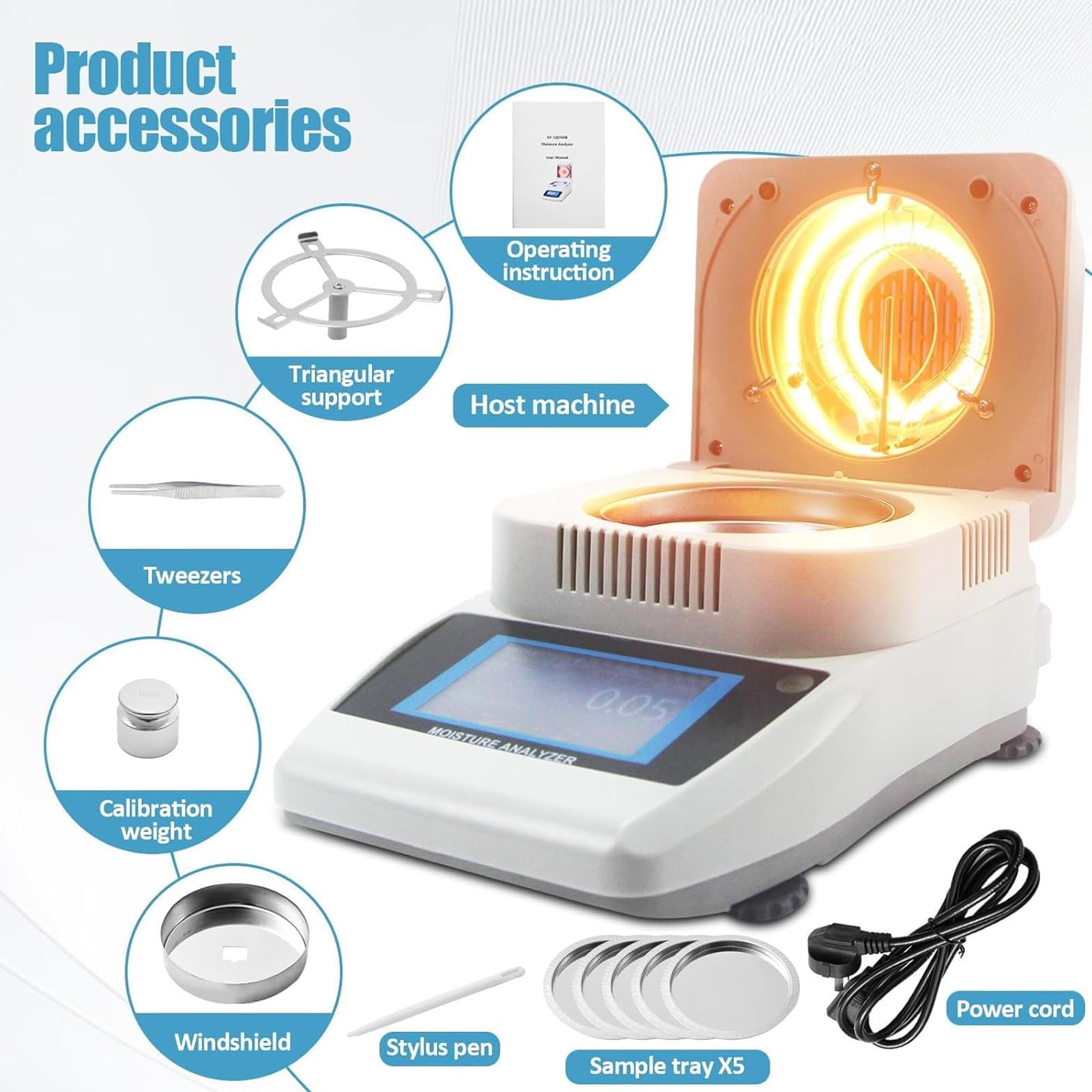 Analizzatore di umidità, tester digitale per cereali e alimenti, capacità 120 g, 3 modalità di asciugatura, riscaldamento rapido 40-160 °C, per laboratorio, agricoltura, medicina, polvere, prodotti