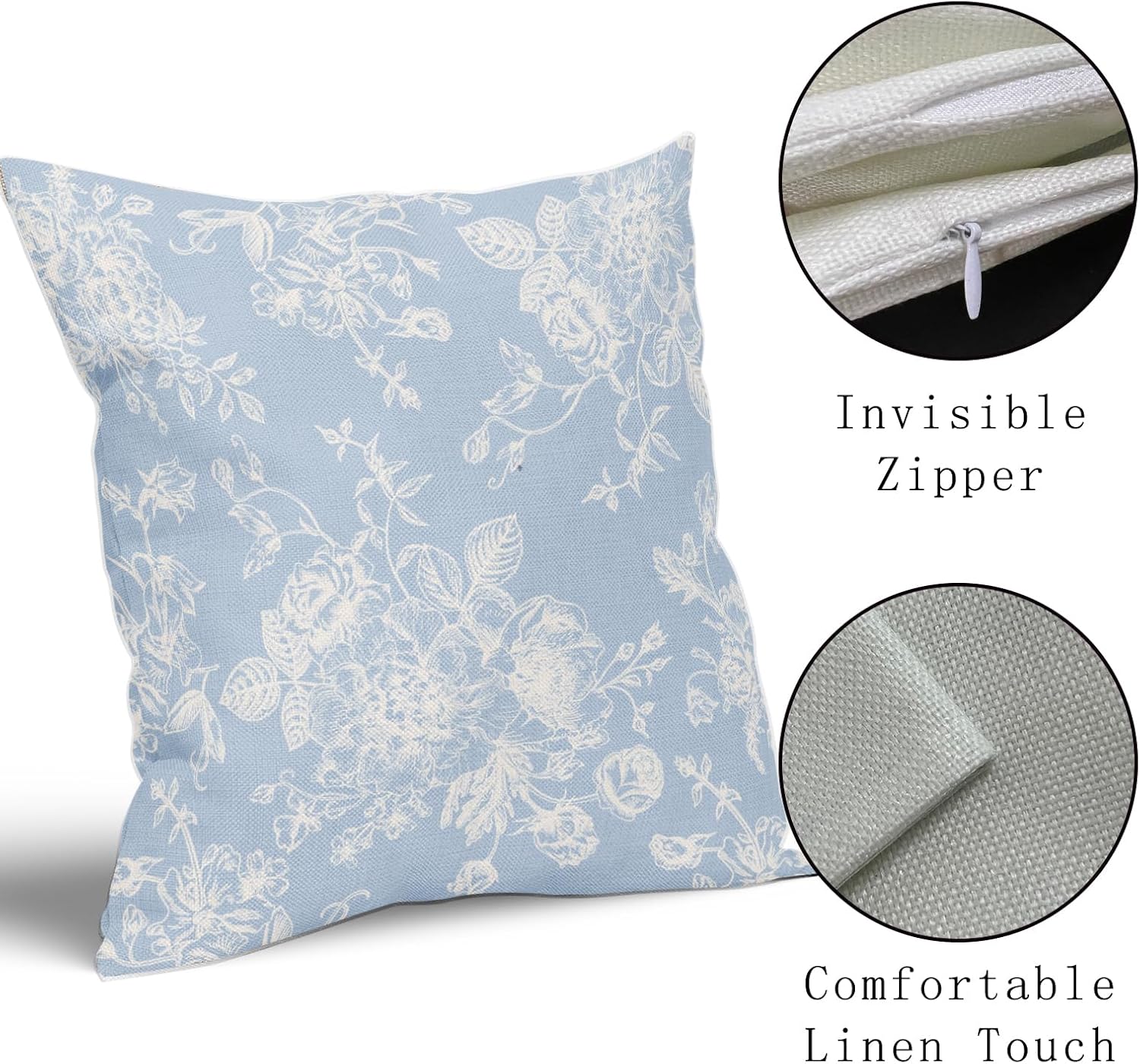 Kawani Vintage Floral Pillow Covers 18x18 Inch Set of 2 Baby Blue Floral Outdoor Decorative Throw Pillows Chinoiserie Flower Pillowcases Rustic Farmhouse Cushion Covers for Couch Home Decor image 4