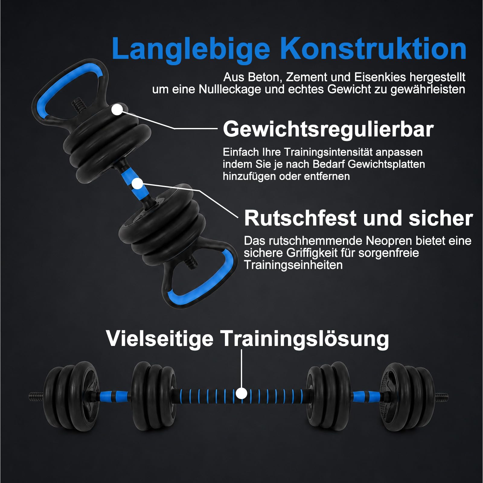 6-in-1 Multifunktions-Hantelset 20KG – Verstellbare Kurzhantel & Langhantel mit Kettlebell, Liegestützgriffen, Springseil & Bauchtrainer, Fitness Set